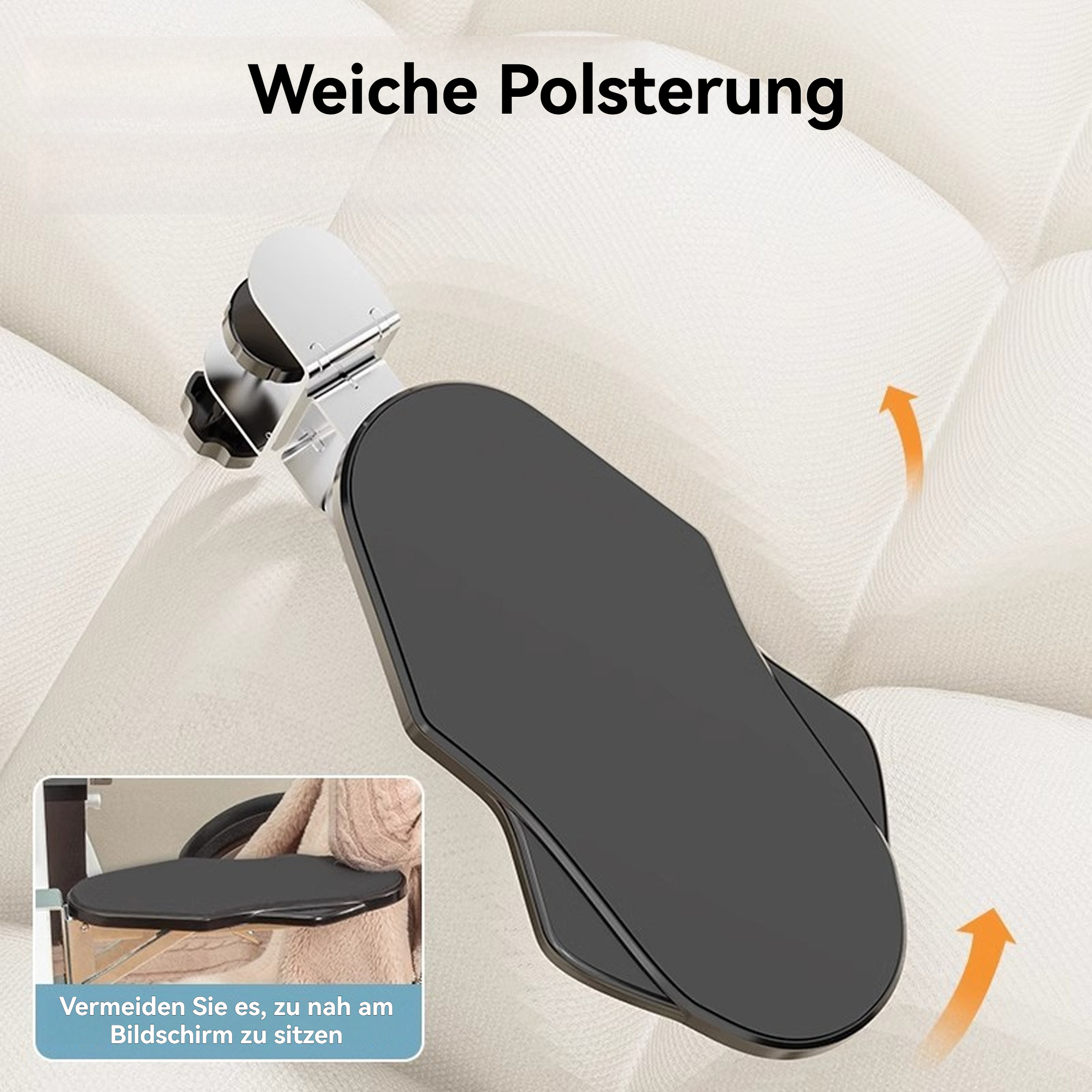 Ein schwarzer ergonomischer Schreibtischaufsatz auf einer weißen, gepolsterten Oberfläche mit einem kleinen inset-Bild
