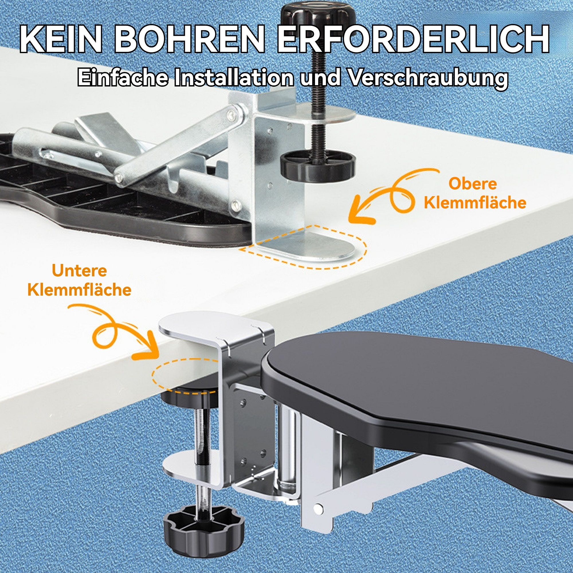 Bild, das eine an einem Schreibtisch befestigte Armlehne zeigt. Der Text auf Deutsch lautet: 'Kein Bohren erforderlich.' und Installationsanweisungen werden gezeigt.