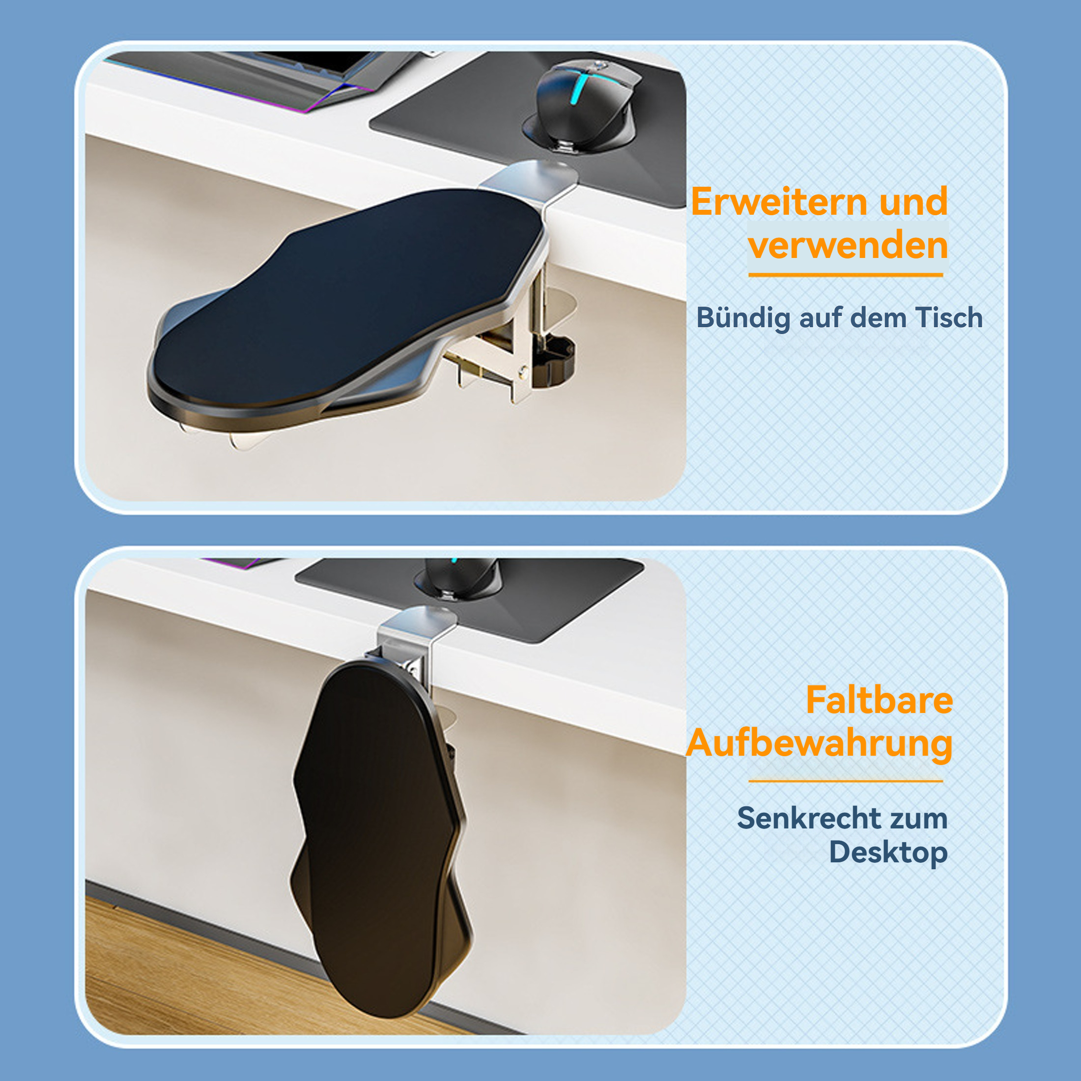 Eine an einem Schreibtisch befestigte Armlehne mit einer Klemme. Sie ist schwarz und hat eine Stütze für den Arm. Sie ist auch faltbar.