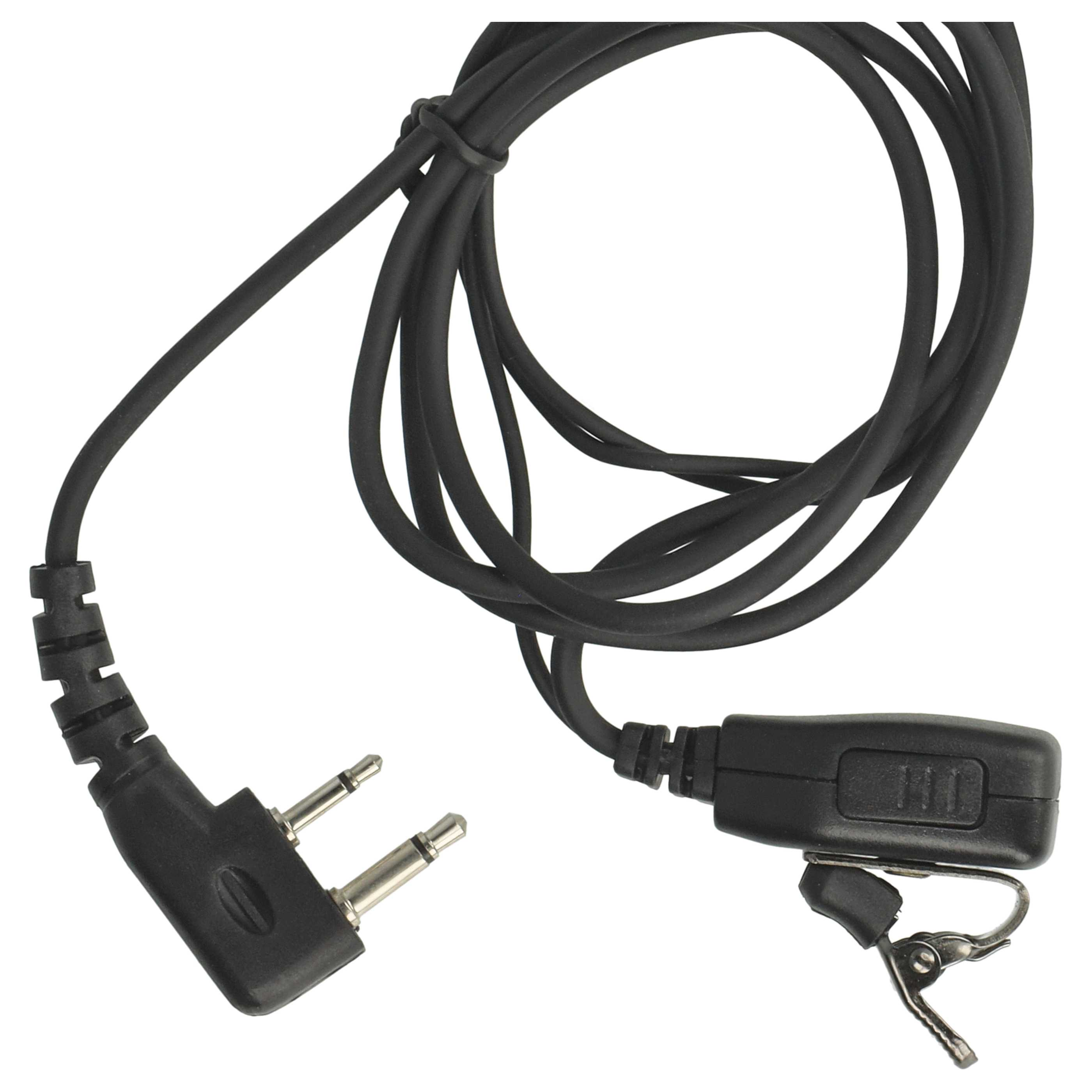 Schwarzes Headset-Kabel mit zwei Steckern und einem Clip. Es wird für die Funkkommunikation verwendet. Der Hintergrund ist weiß.