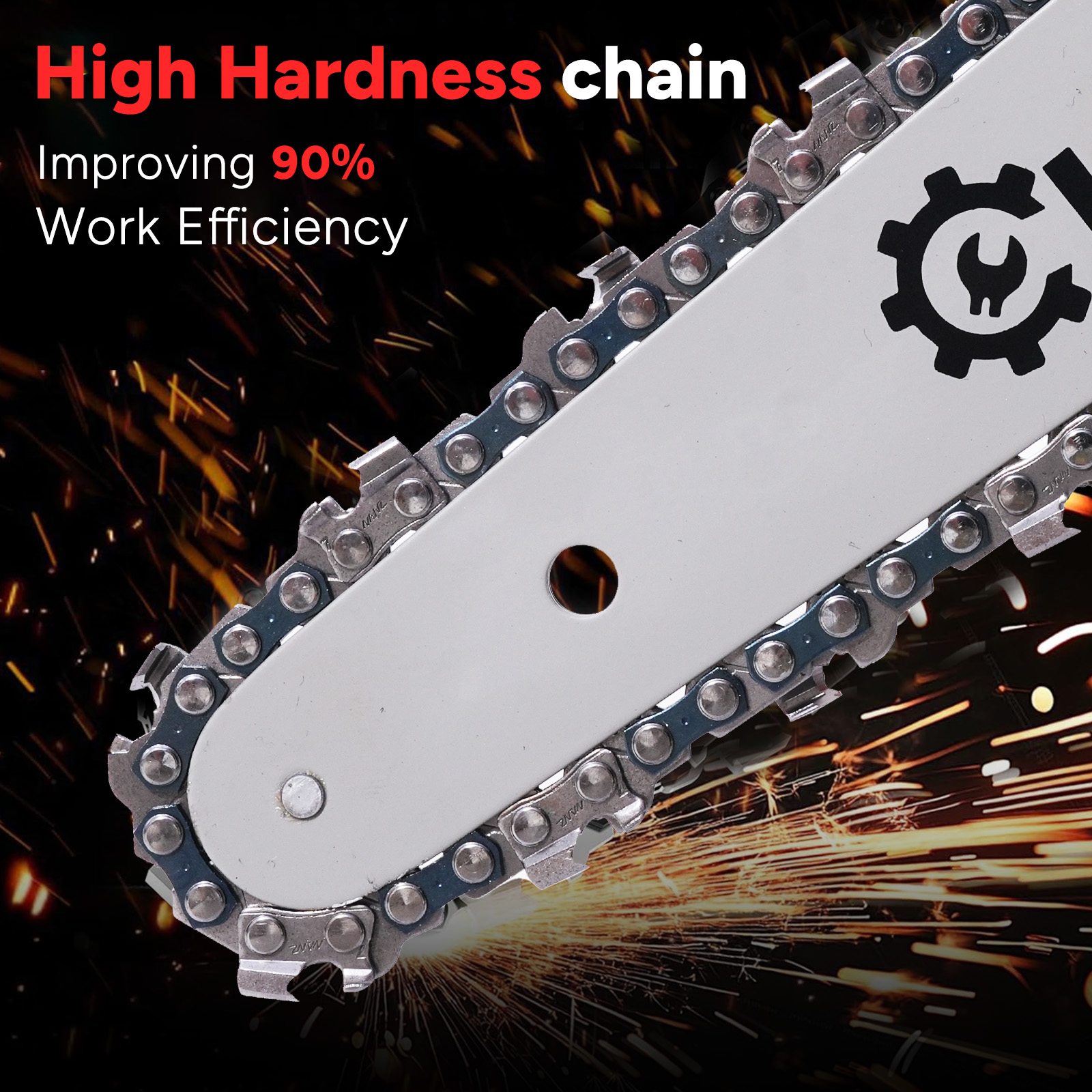 Zbliżenie ostrza piły łańcuchowej z łańcuchem. Tekst głosi 'High Hardness chain' i 'Improving 90% Work Efficiency'.