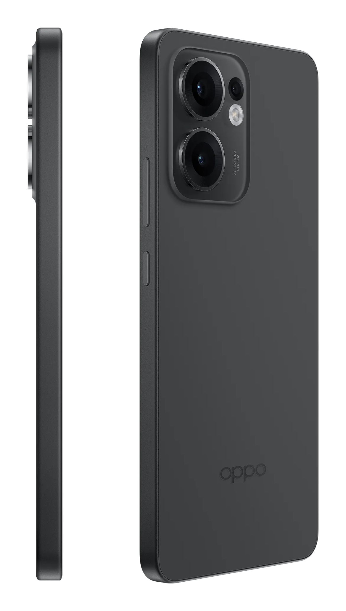 Un telefono Oppo grigio scuro, vista laterale e posteriore. Presenta doppia fotocamera, pulsanti laterali e logo Oppo.