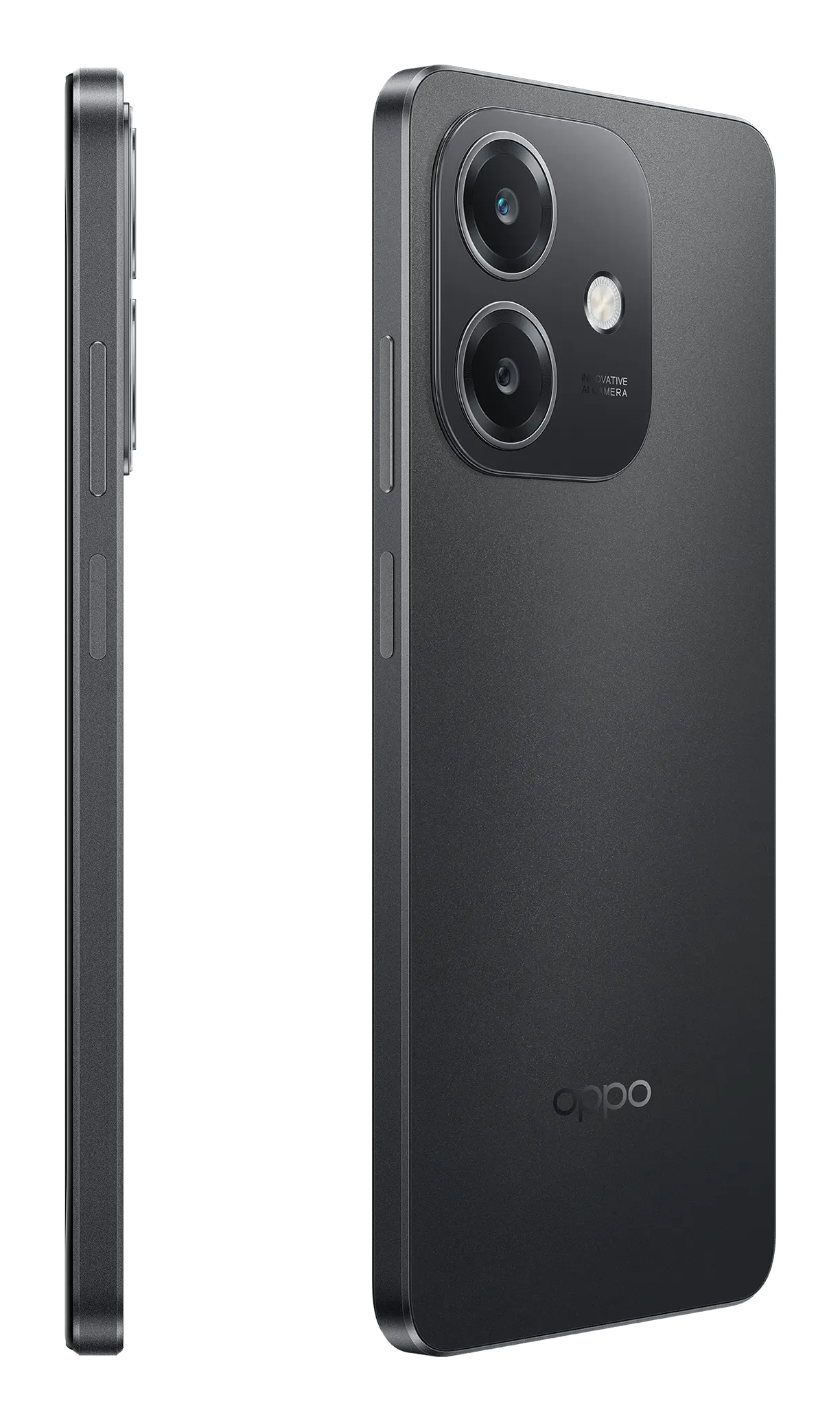 Uno smartphone grigio scuro con due fotocamere posteriori, pulsanti laterali e il logo Oppo, su sfondo bianco.