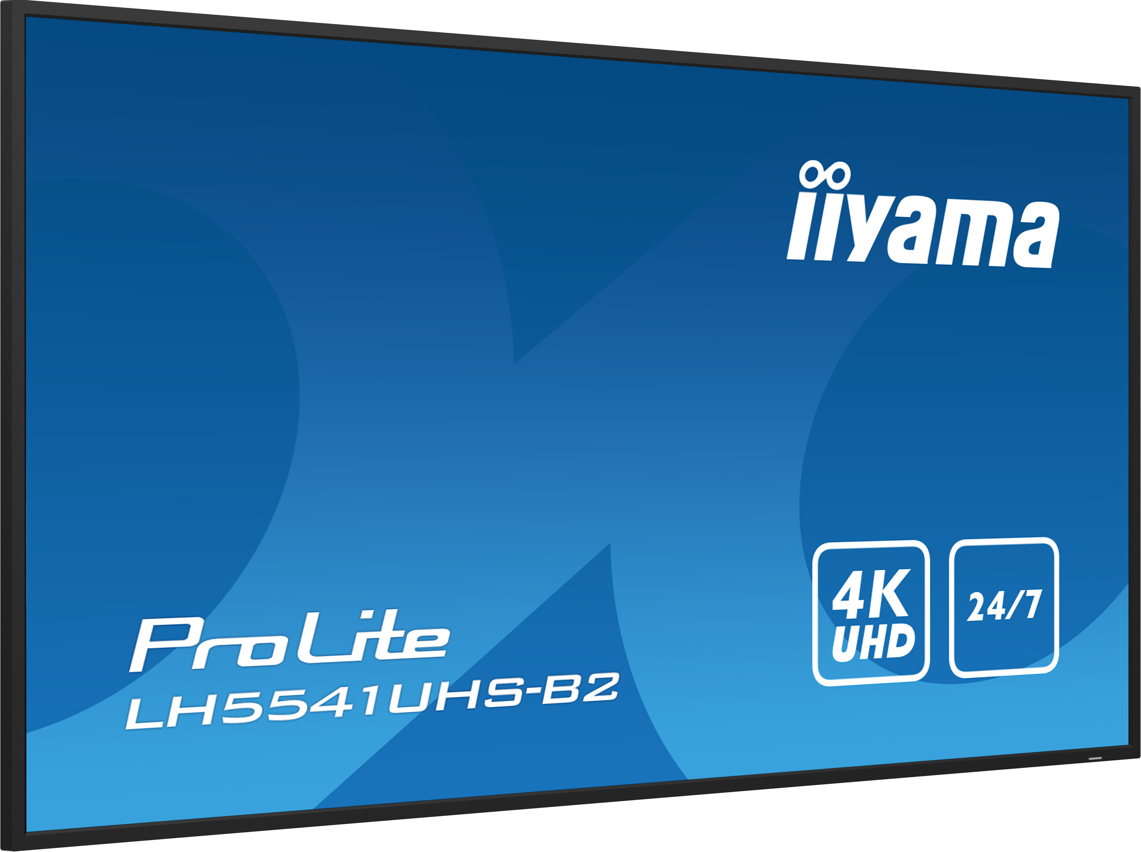Duży płaski ekran z niebieskim tłem. Posiada marki iiyama i ProLite. Wyświetla funkcje 4K i 24/7.