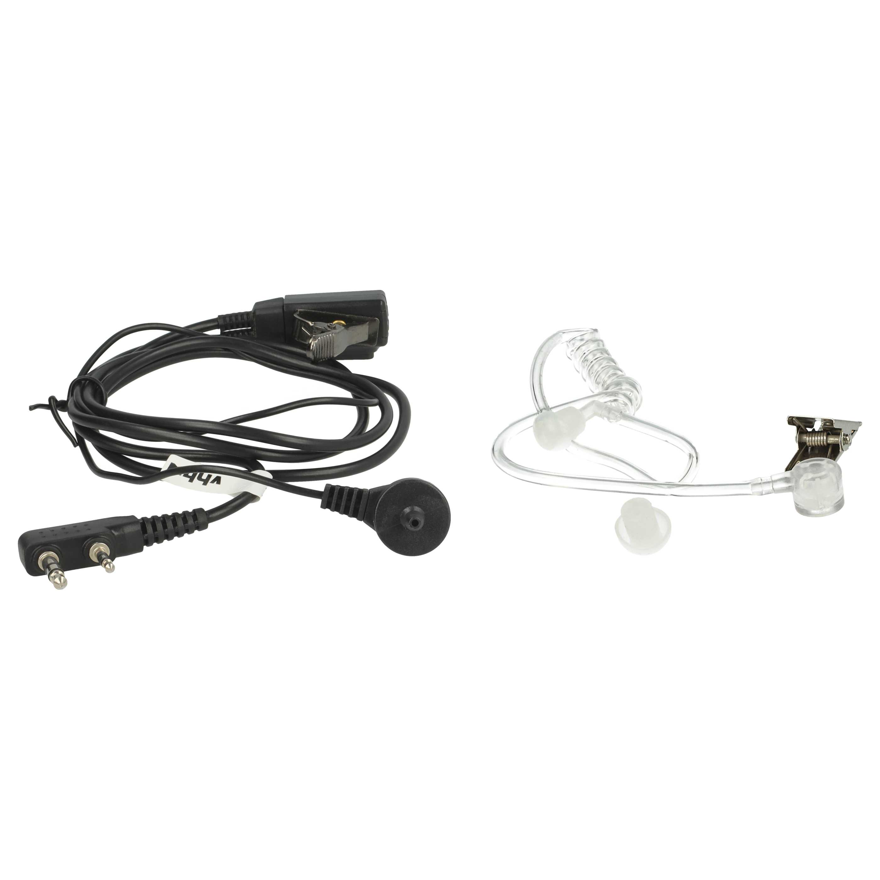 Zwei Kommunikations-Headsets werden angezeigt. Eines ist schwarz mit einem Clip. Das andere ist klar mit einem Ohrhörer.