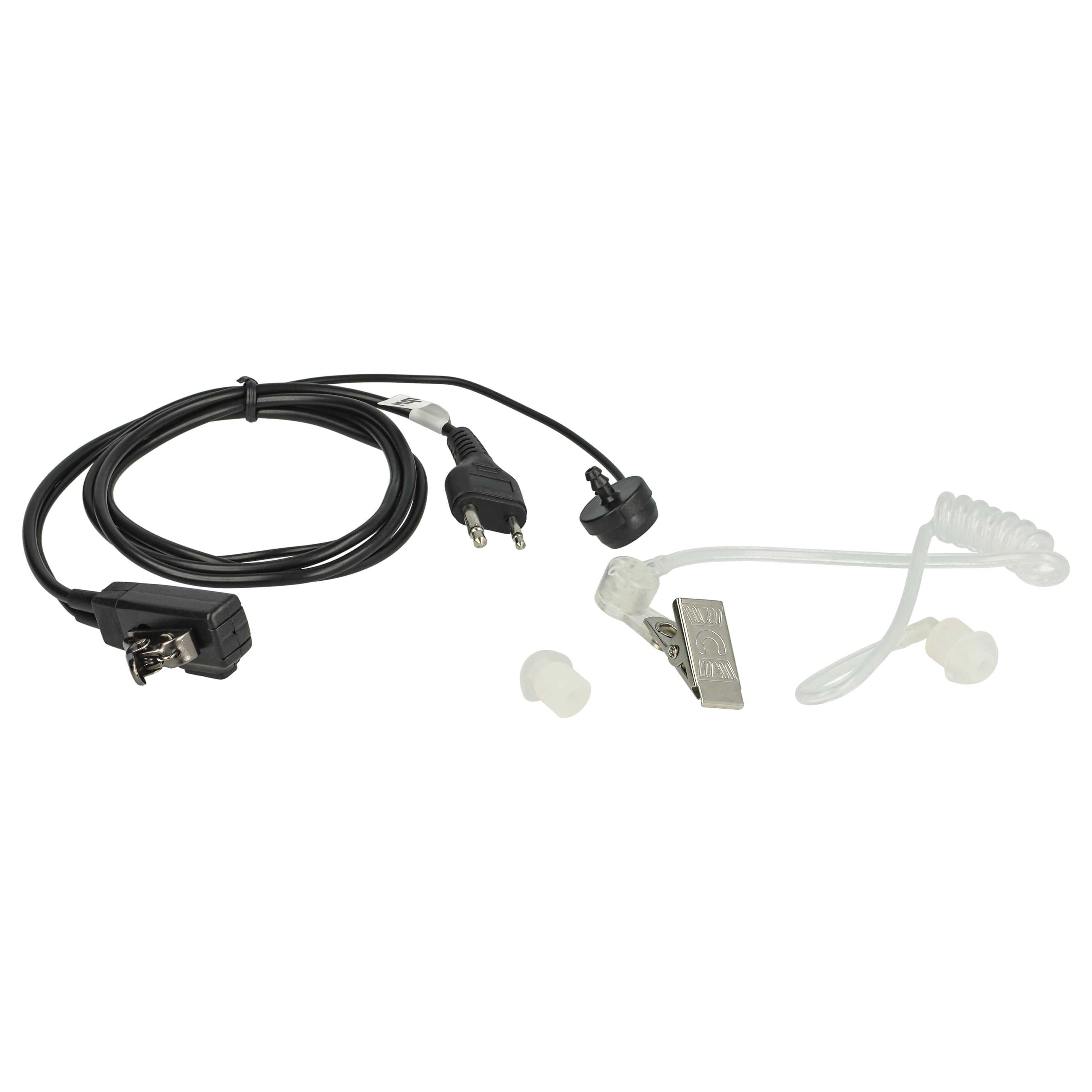 Schwarzes Headset mit Ohrhörer, Clip und Spiralschlauch. Zwei Stecker und ein schwarzer Stecker am Kabel.