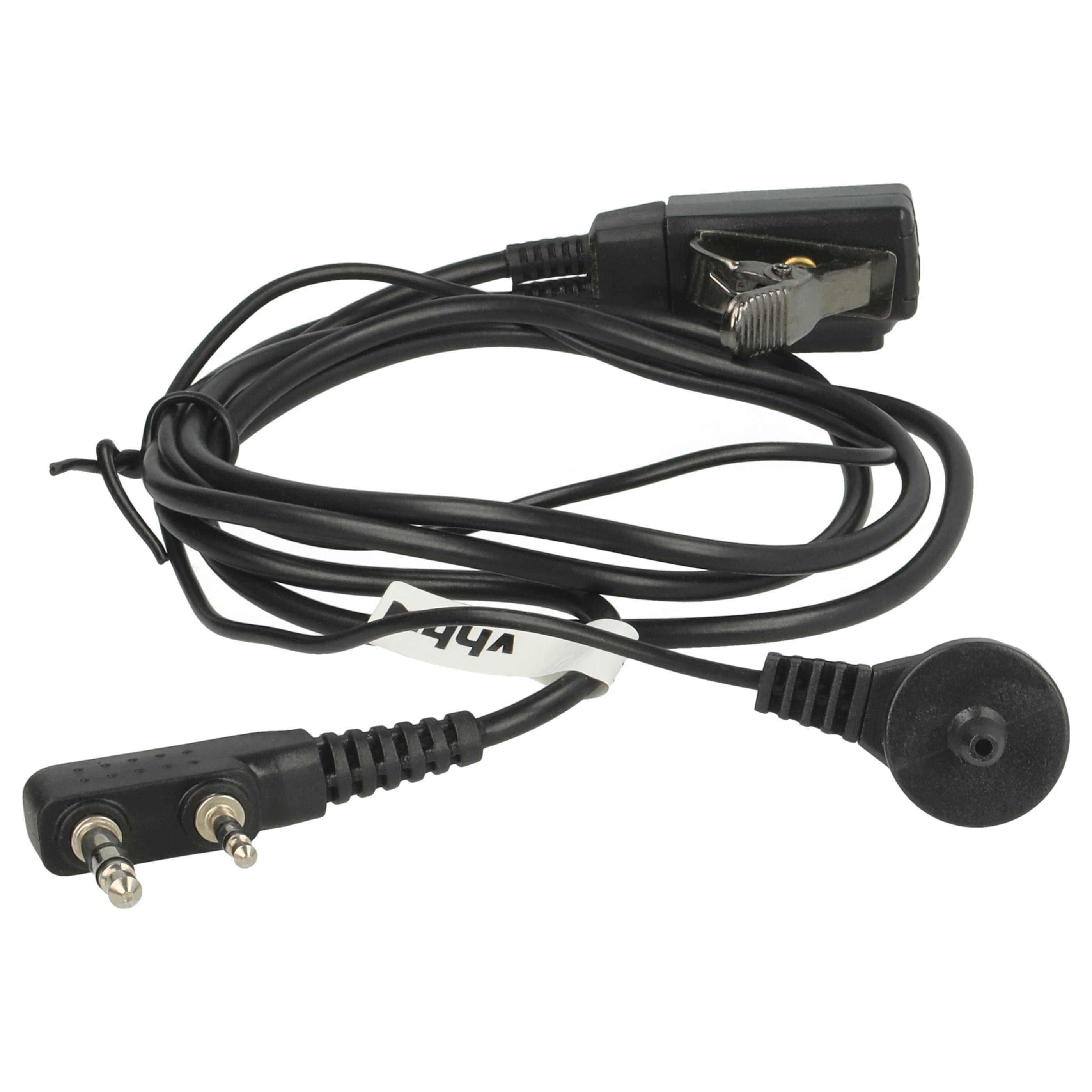 Schwarzes Headset-Kabel mit verschiedenen Anschlüssen, darunter ein Clip und ein runder Lautsprecher. Weißer Hintergrund.