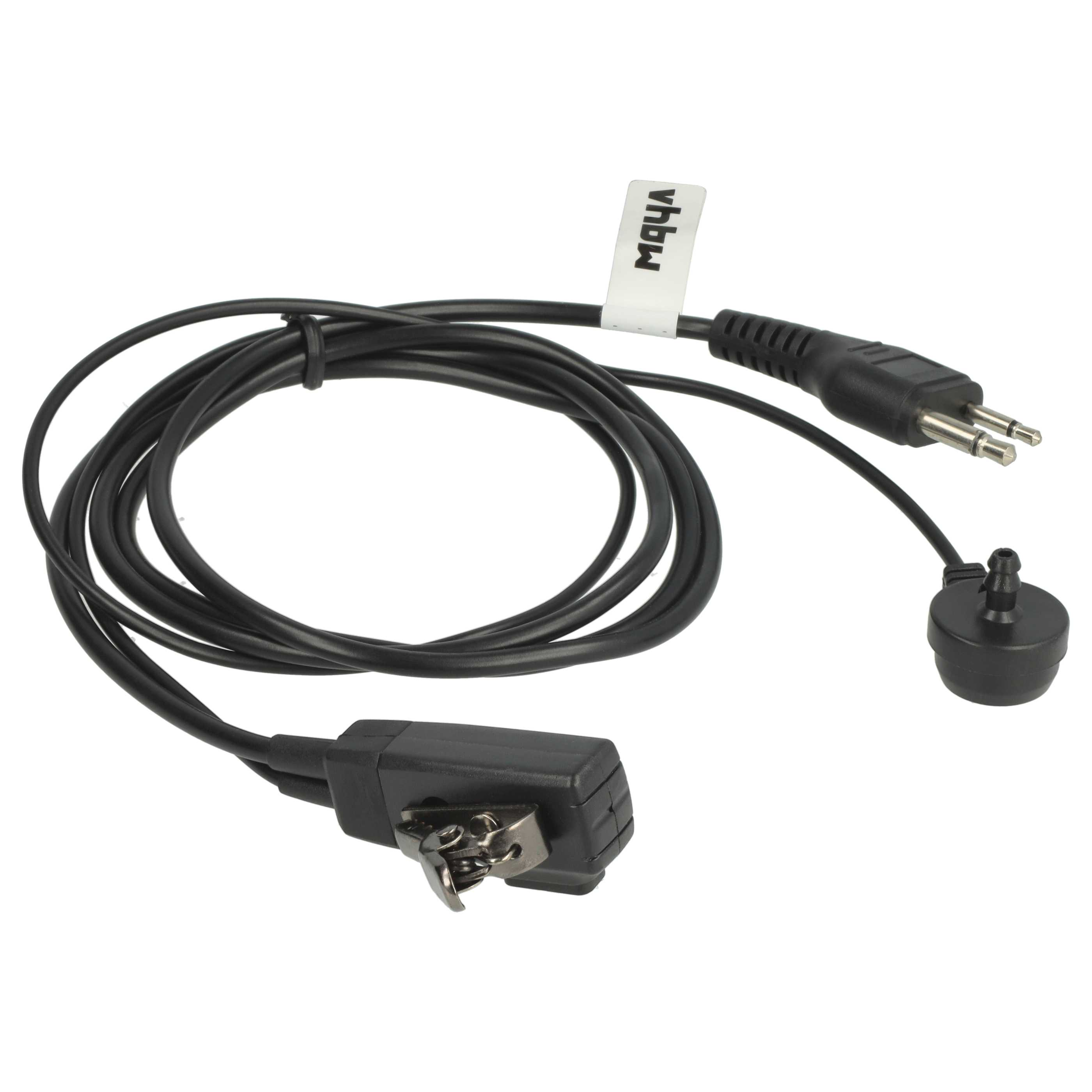 Ein schwarzes Kabel mit Steckern und einem kleinen Mikrofon befindet sich auf weißem Hintergrund. Ein weißes Etikett ist am Kabel befestigt.