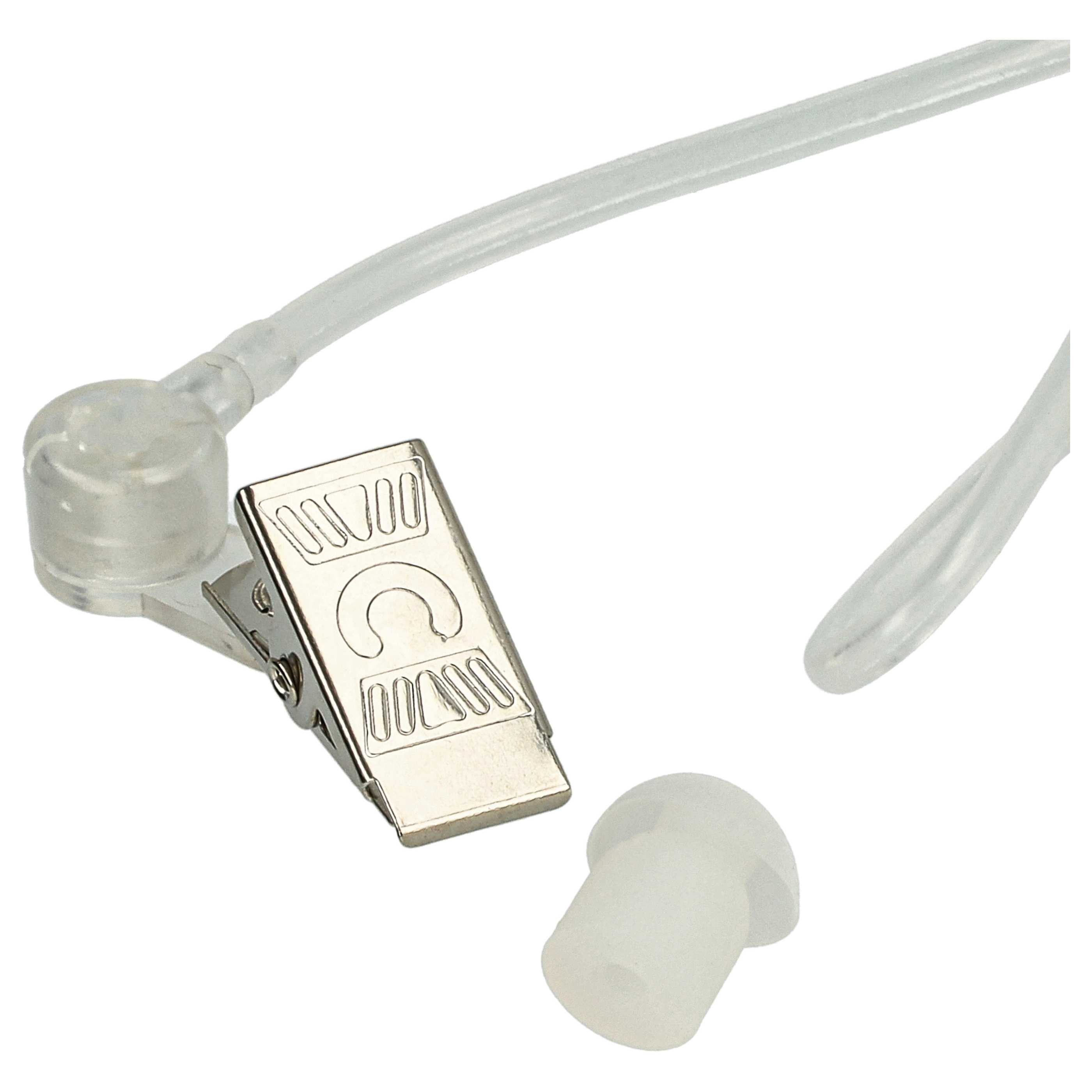Ein klarer Plastikschlauch mit einem Metallclip, einem Ohrstöpsel und einem daran befestigten klaren Plastikteil.