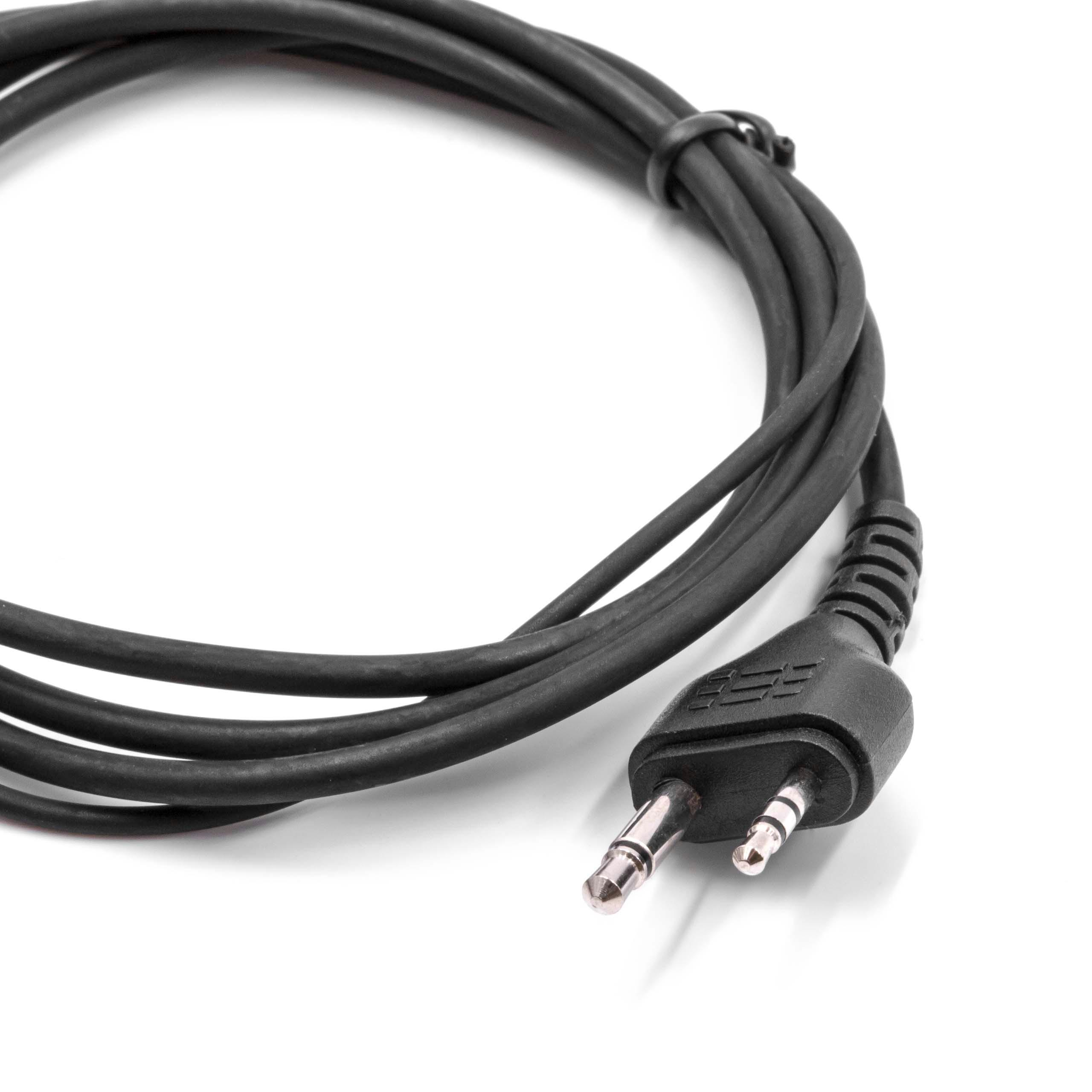 Schwarzes Audiokabel mit zwei 3,5-mm-Klinken auf weißem Hintergrund. Das Kabel ist aufgerollt. Nahaufnahme.