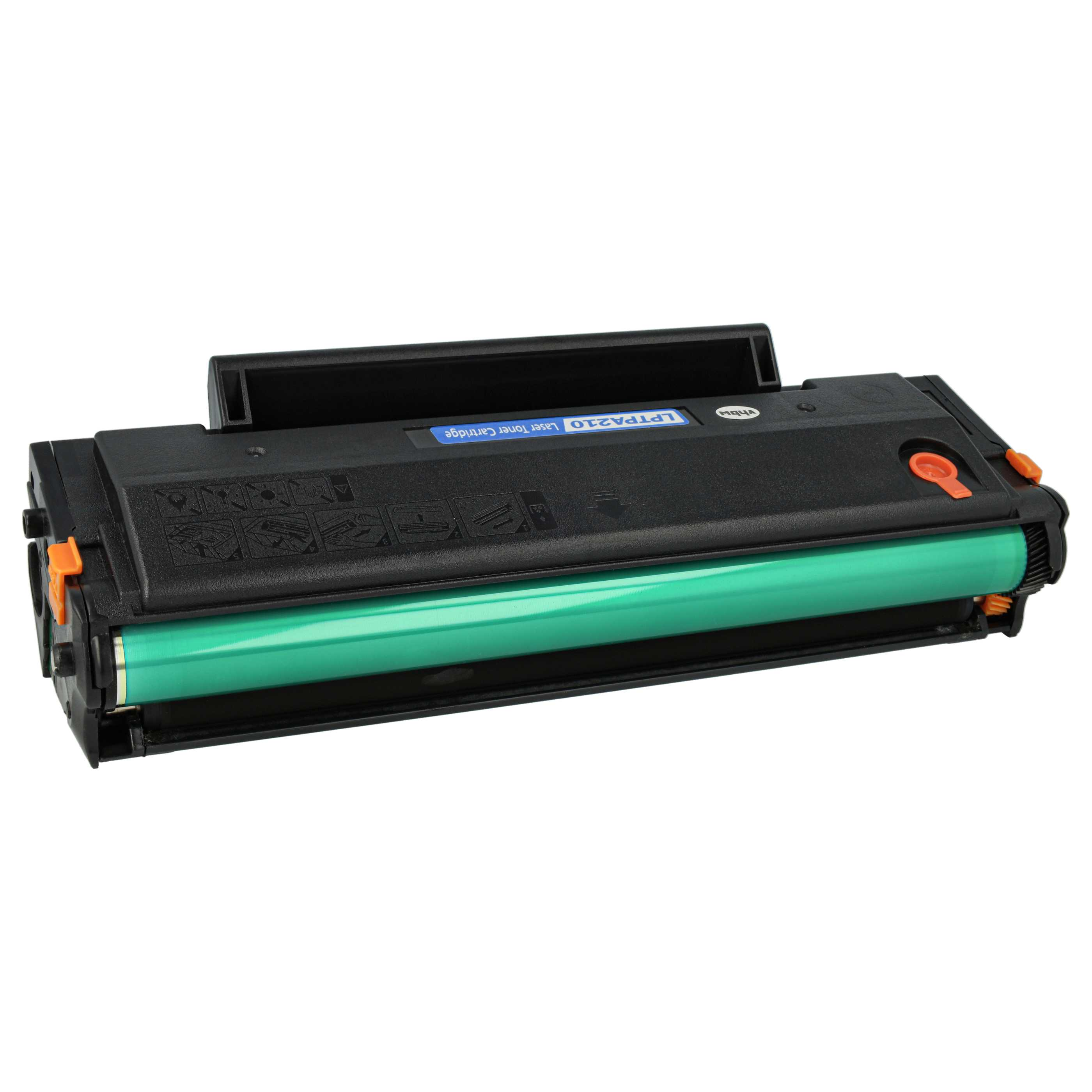 Eine schwarze und grüne Tonerkartusche für einen Drucker, beschriftet mit LPTPA210. Orange und schwarze Akzente sind sichtbar.