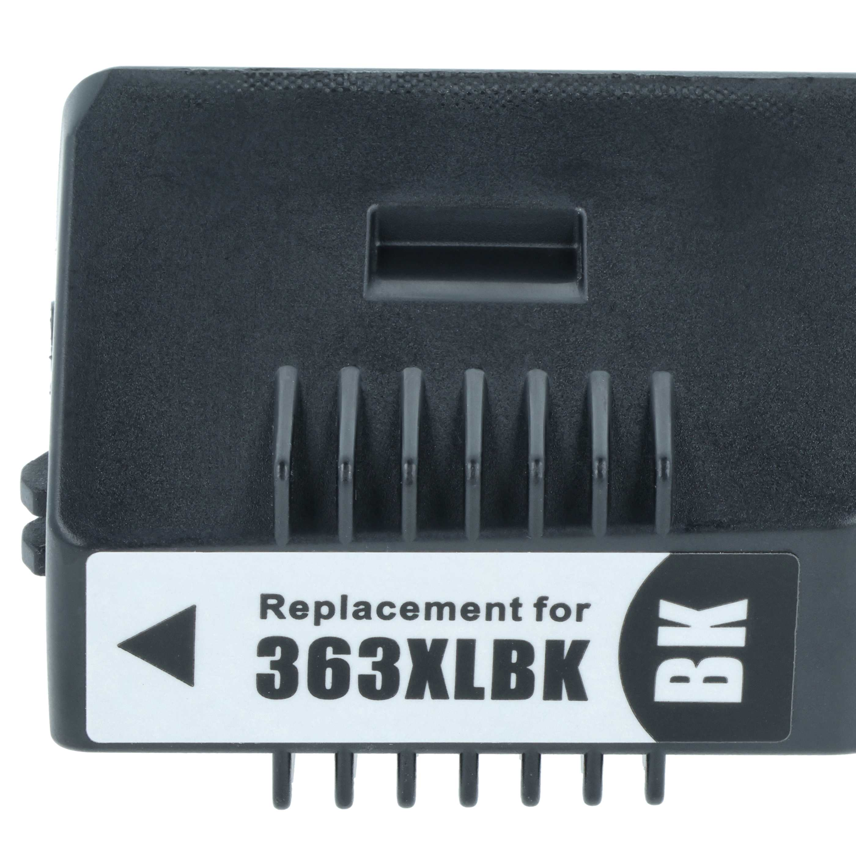 Eine schwarze Tintenpatrone mit weißem Etikett. Auf dem Etikett steht 'Ersatz für 363XLBK' und ein BK-Logo.