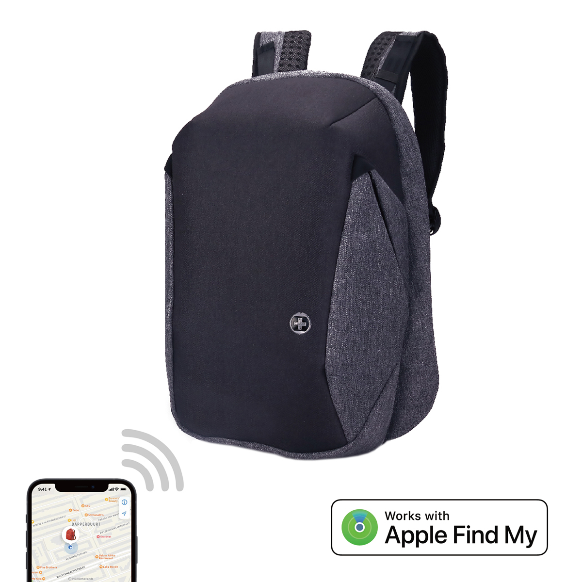 Zaino nero con dettagli grigi. Compatibile con Apple Find My. Un telefono mostra una mappa con la posizione.