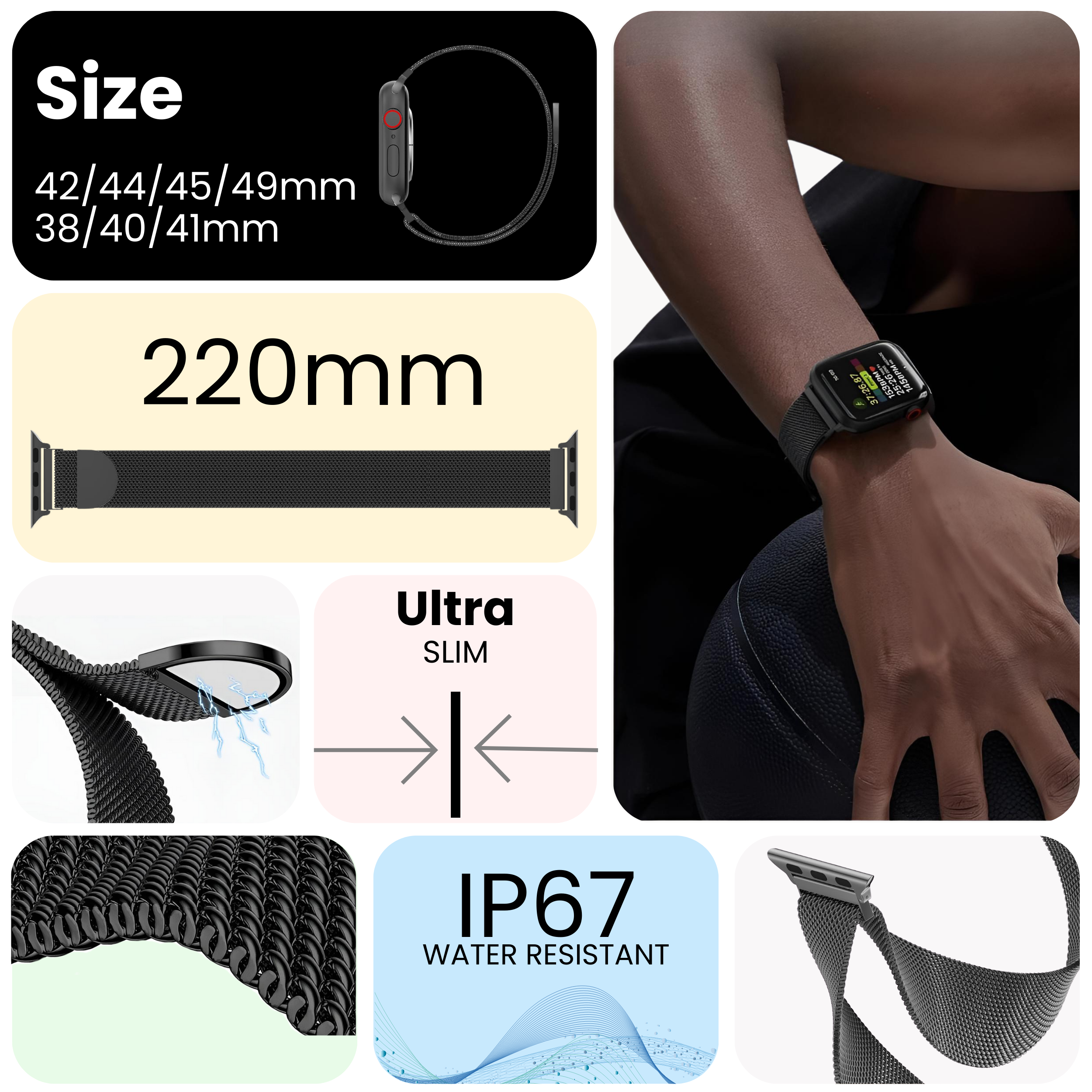 Ein schwarzes Uhrenarmband wird angezeigt, mit zusätzlichen Informationen zu Größe, IP67-Wasserbeständigkeit und ultraschlankem Design.