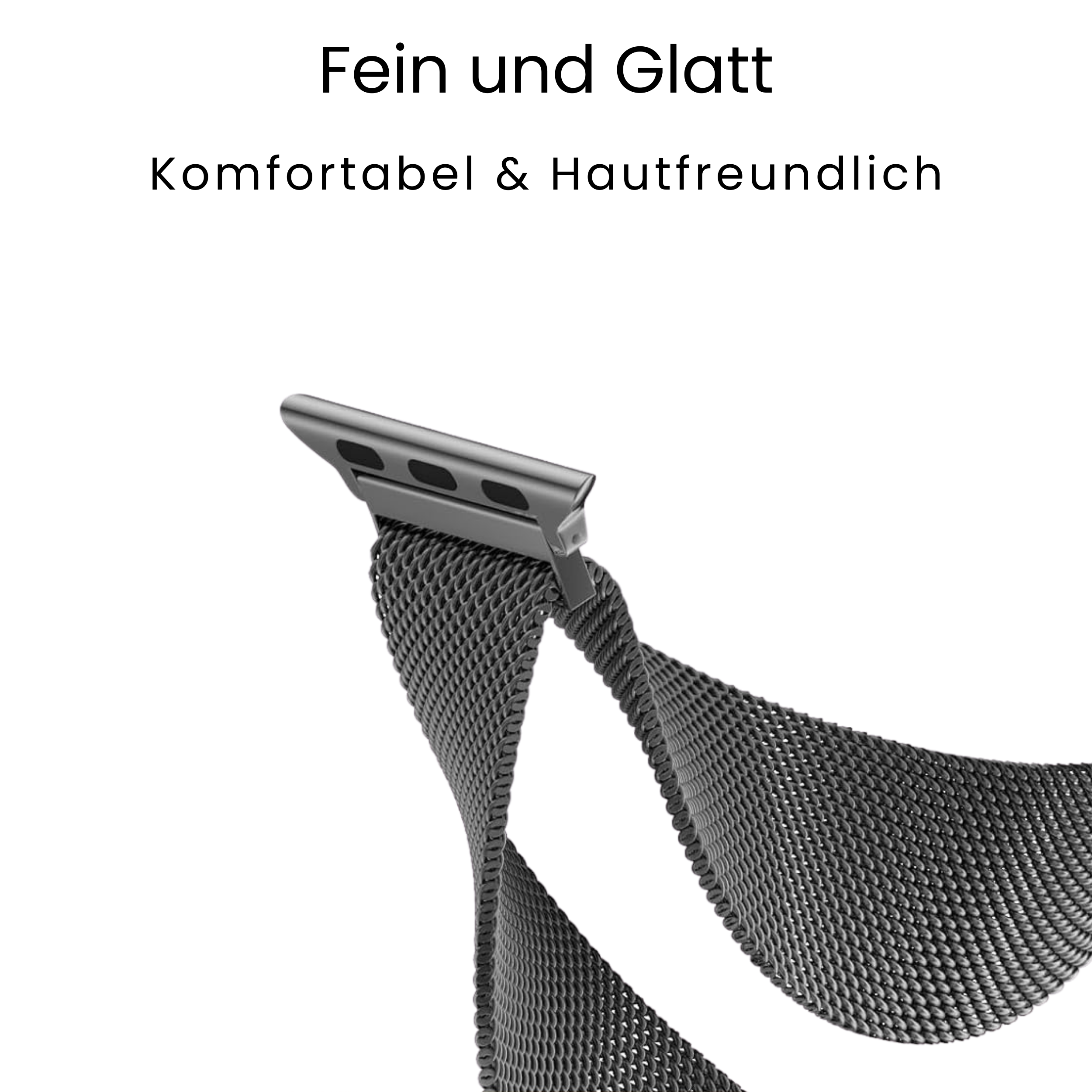 Nahaufnahme zeigt ein silbernes Armband, das an einer Uhr befestigt ist. Das Armband ist ein gewebtes, dunkelgraues Netz.