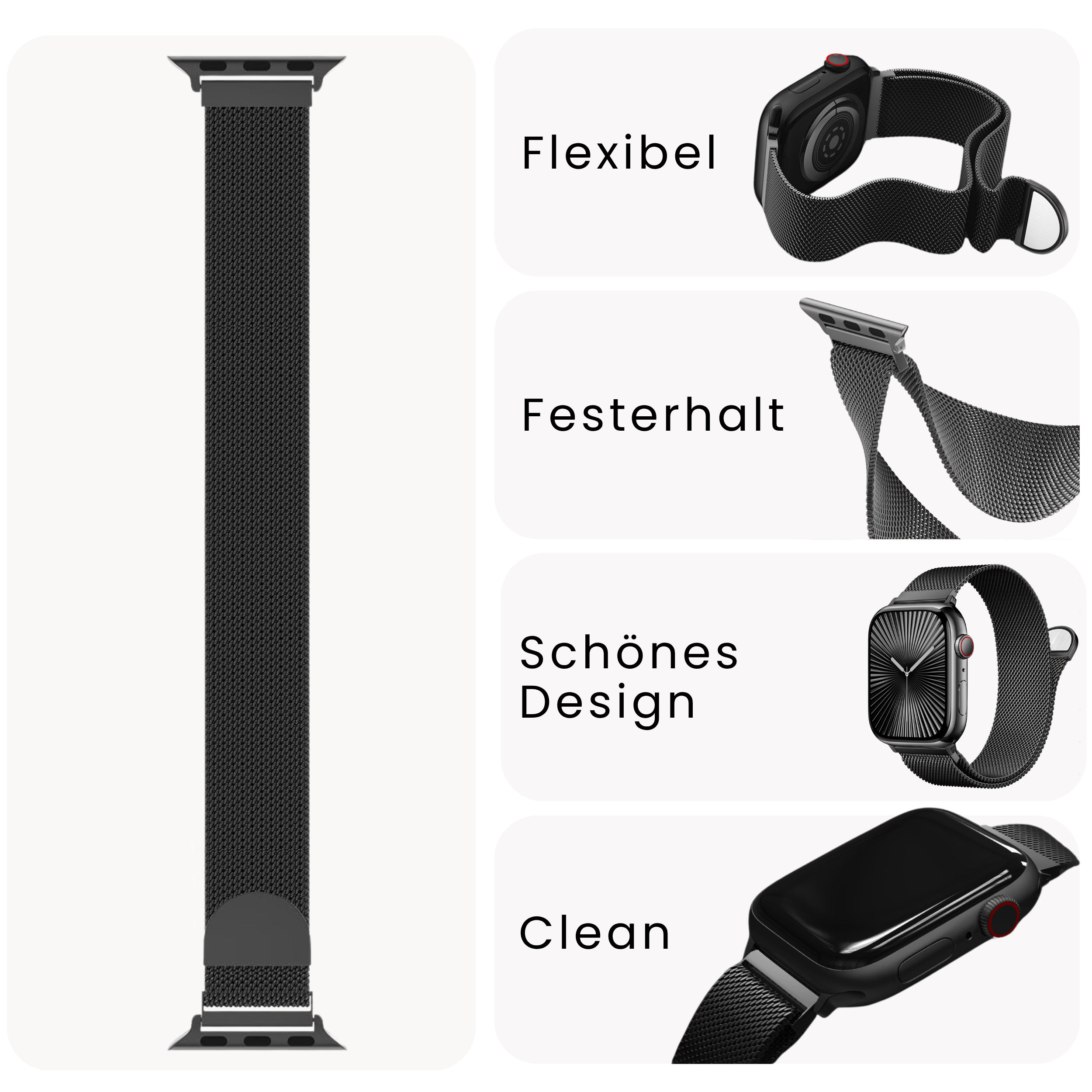 Schwarzes Apple Watch-Armband mit Magnetverschluss. Merkmale sind Flexibilität, sicherer Halt, schönes Design und ein sauberer Look.