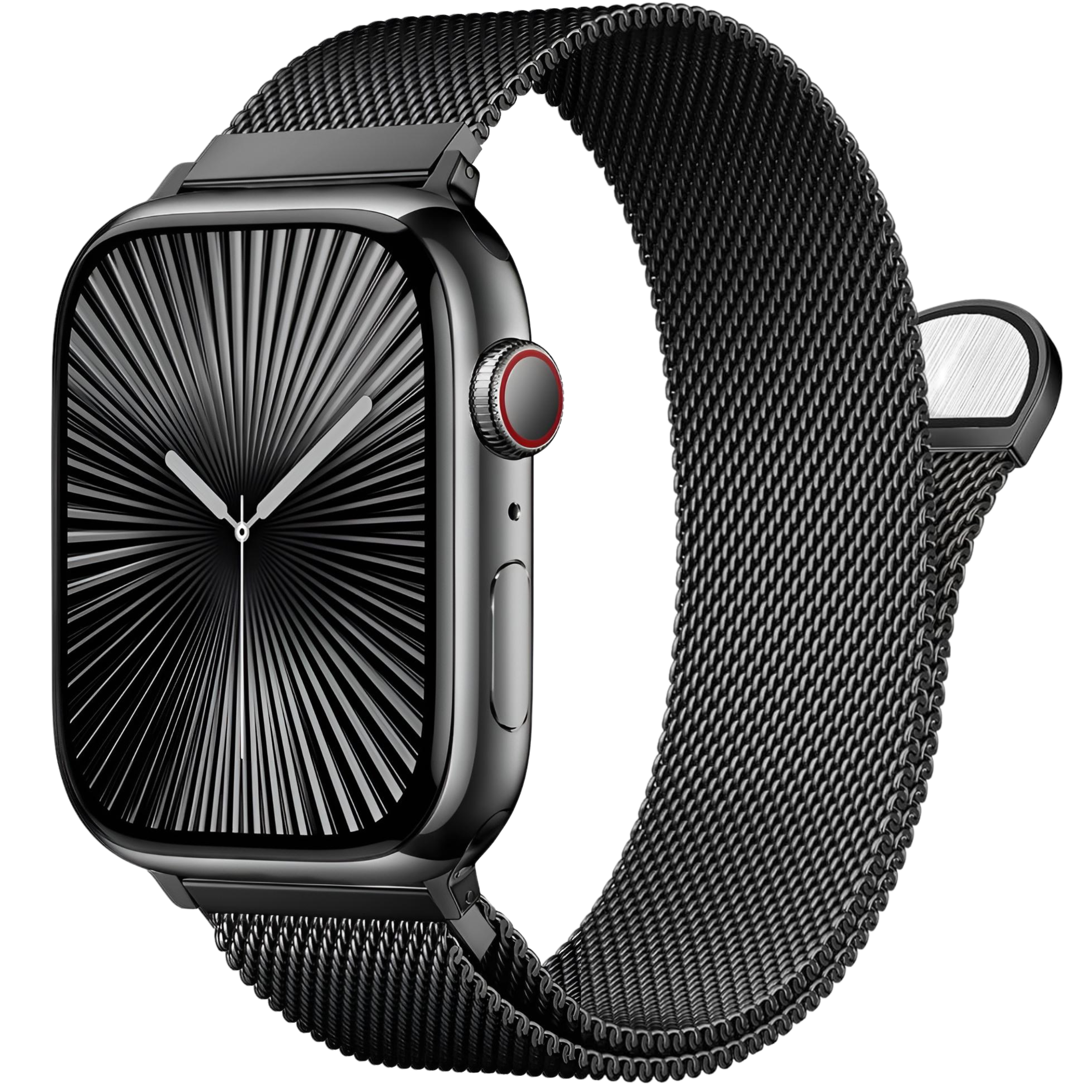Schwarze Apple Watch mit schwarzem Mesh-Armband. Zifferblatt mit radialem Design und weißen Zeigern auf weißem Grund.