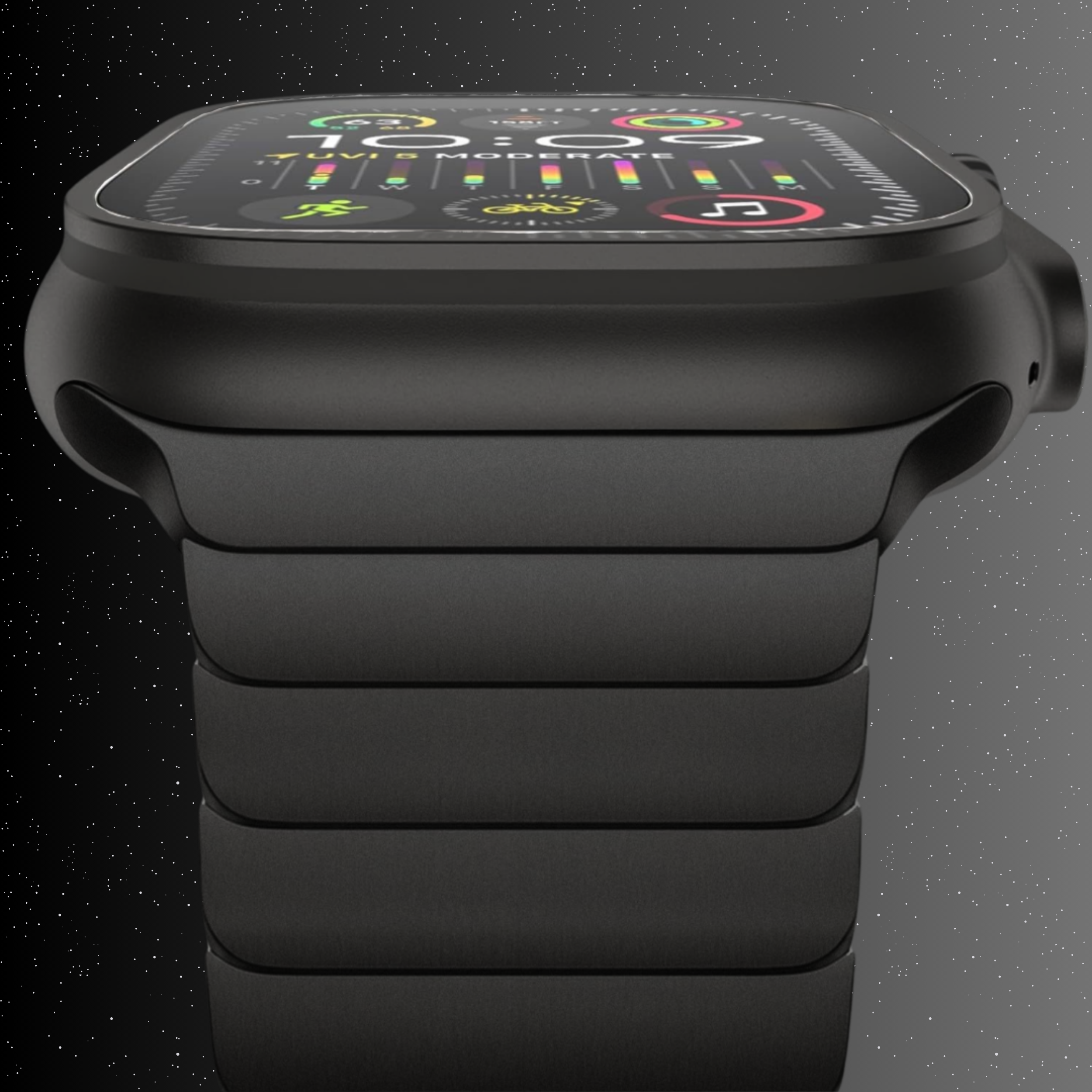 Schwarze Smartwatch mit Display, das Daten anzeigt. Die Uhr ist an einem Band, vor sternenartigem Hintergrund.