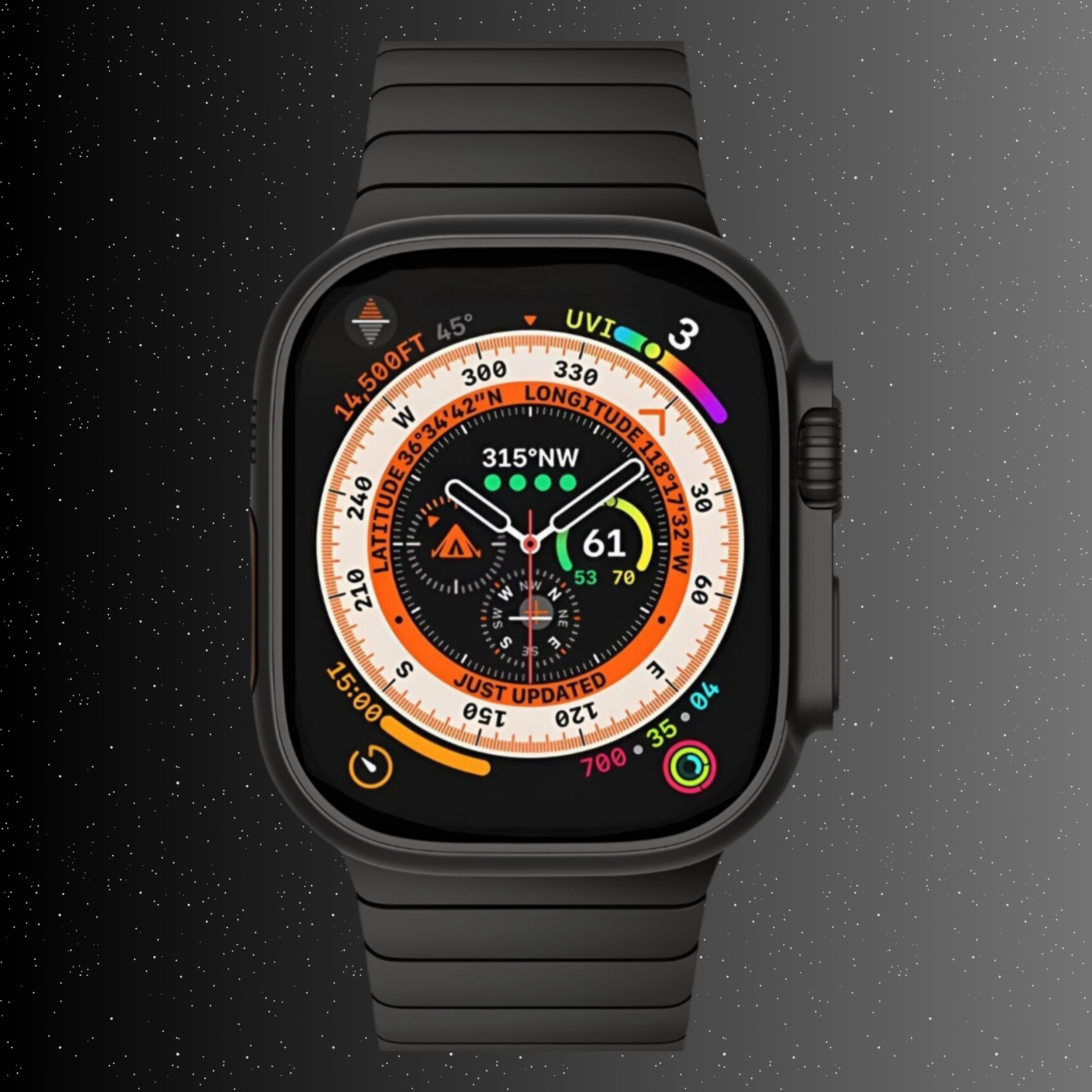 Schwarze Apple Watch Ultra mit Zifferblatt, das Daten vor sternenklarem Hintergrund anzeigt.
