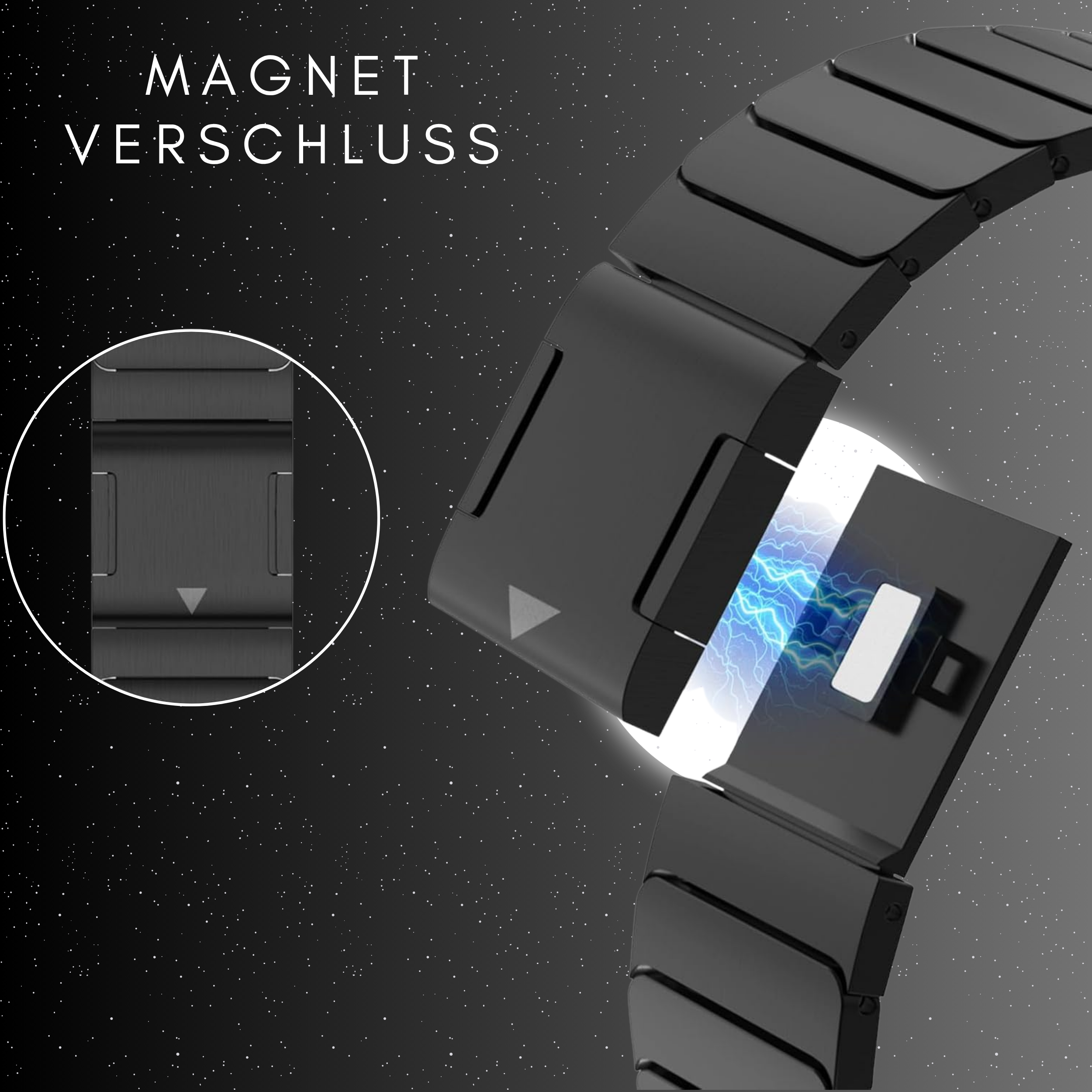 Nahaufnahme eines schwarzen Uhrenverschlusses. Das Wort 'MAGNET VERSCHLUSS' steht oben. Der Verschluss hat einen Magnetverschluss.