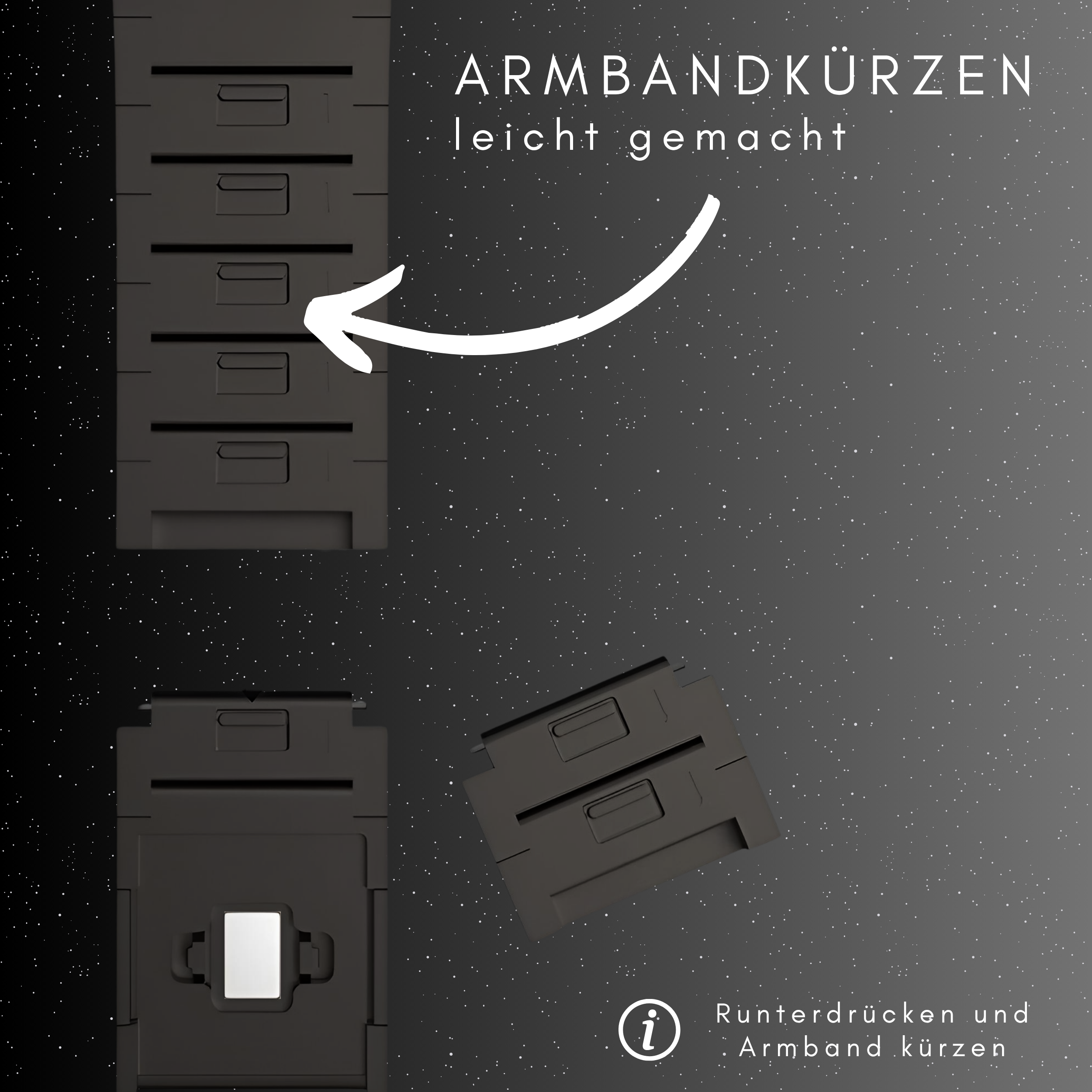 Das Bild zeigt Anweisungen zum Kürzen eines Uhrenarmbands. Es hat einen schwarzen Hintergrund mit weißem Text und Pfeilen.