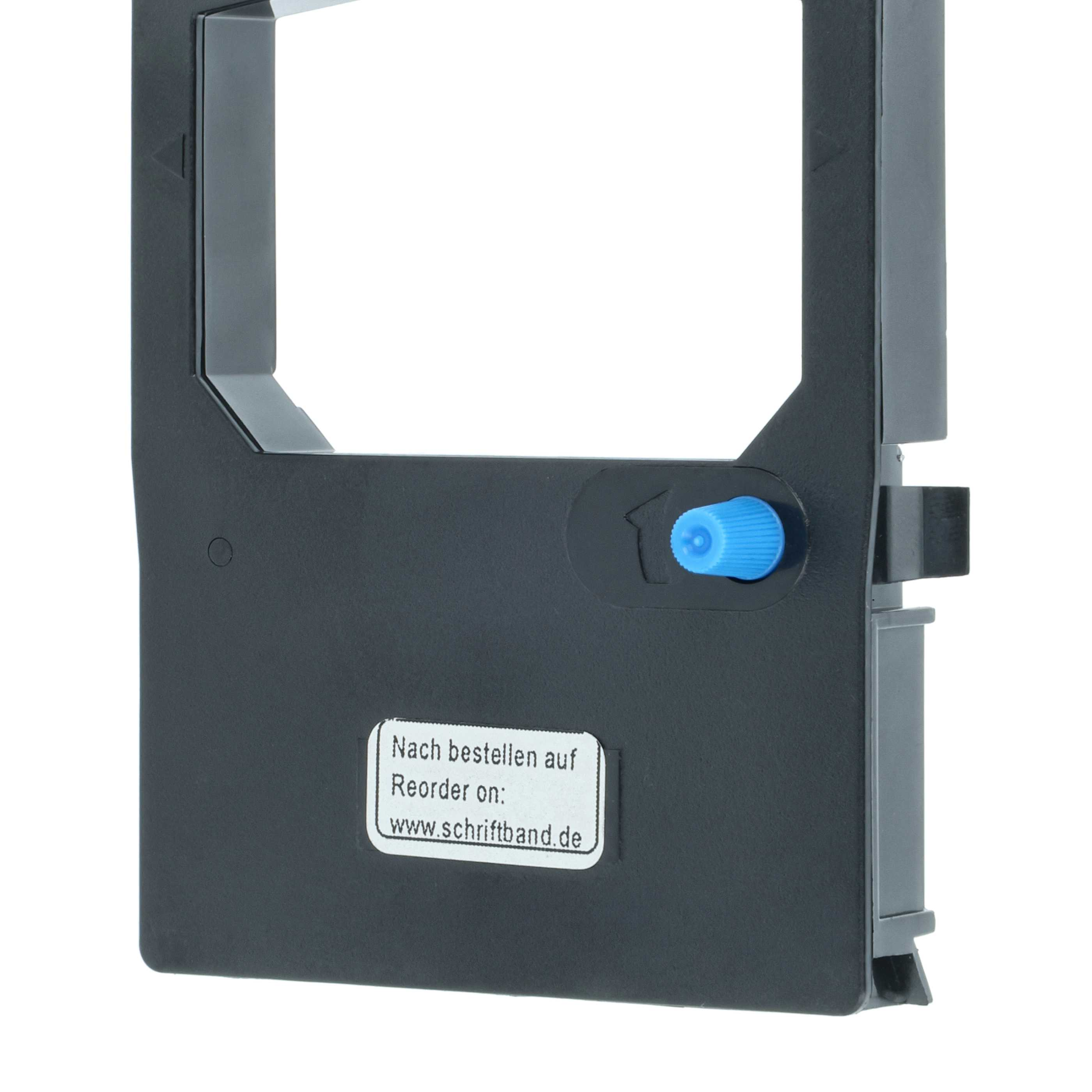 Schwarze Druckerbandkassette mit blauem Knopf. Ein Aufkleber sagt 'Nach bestellen auf'.
