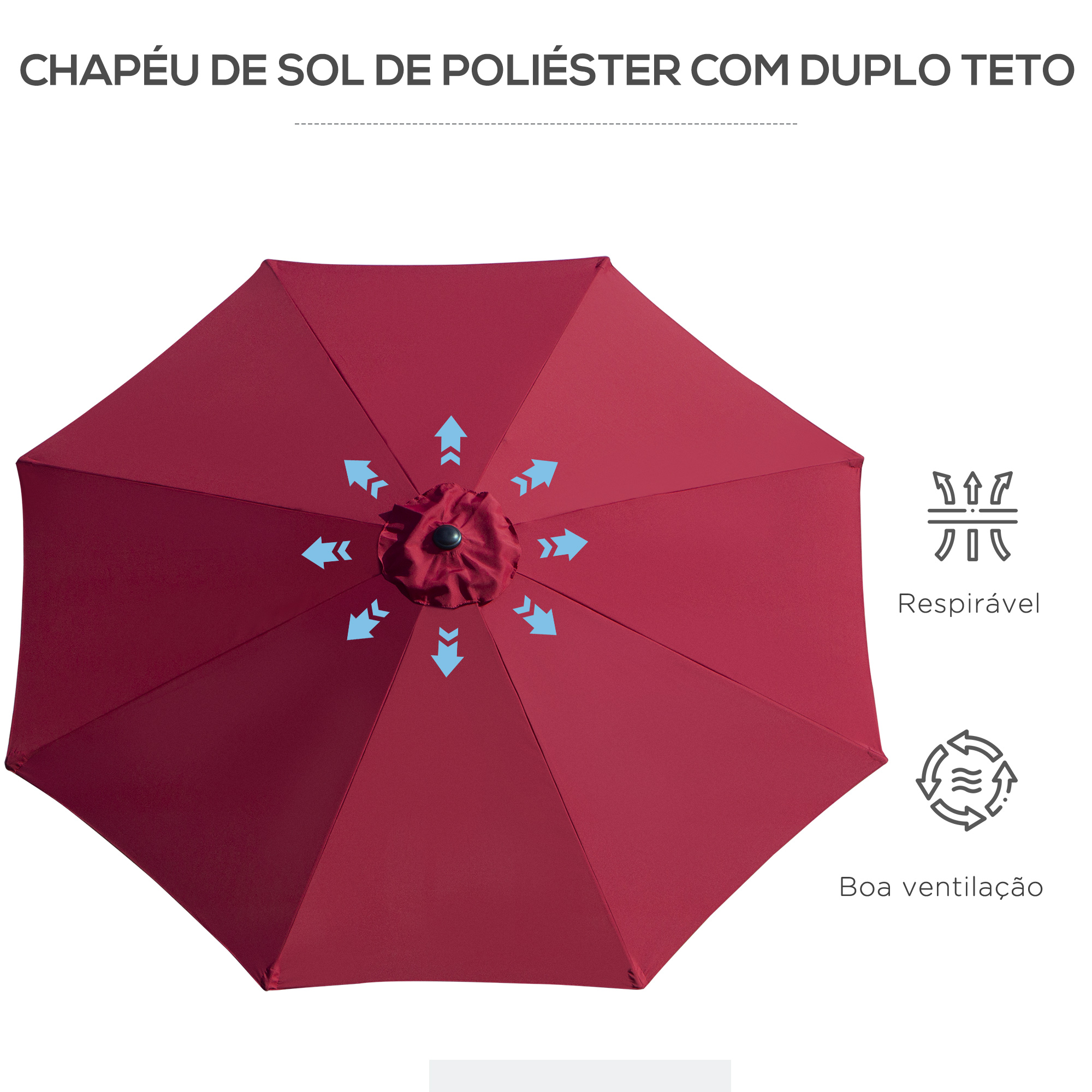 Una sombrilla de poliéster burdeos con doble capota. Tiene flechas de flujo de aire e iconos de transpirabilidad y buena ventilación.