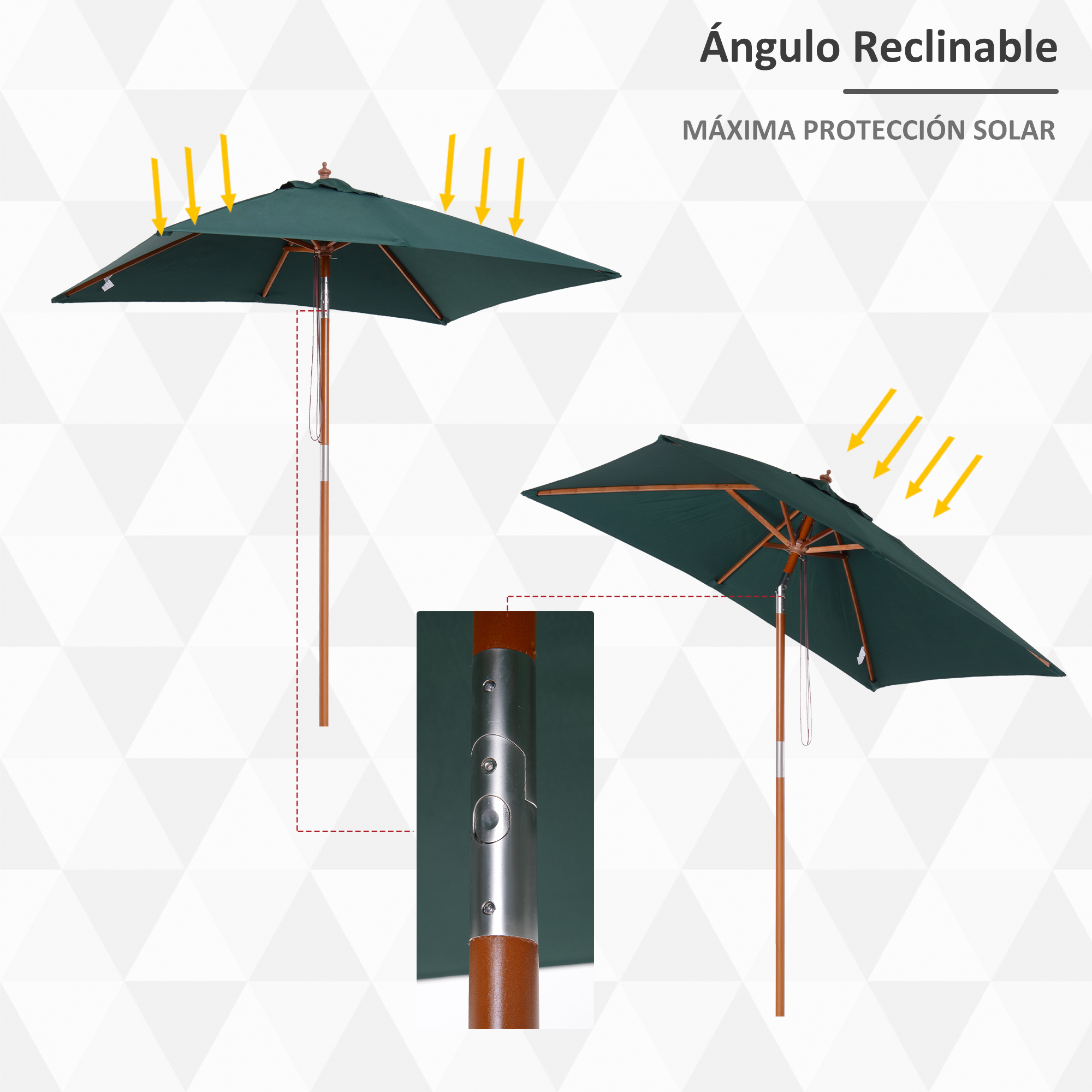 Dos sombrillas verdes con estructura de madera. Flechas indican protección solar. El texto dice: Ángulo Reclinable, Máxima Protección Solar.