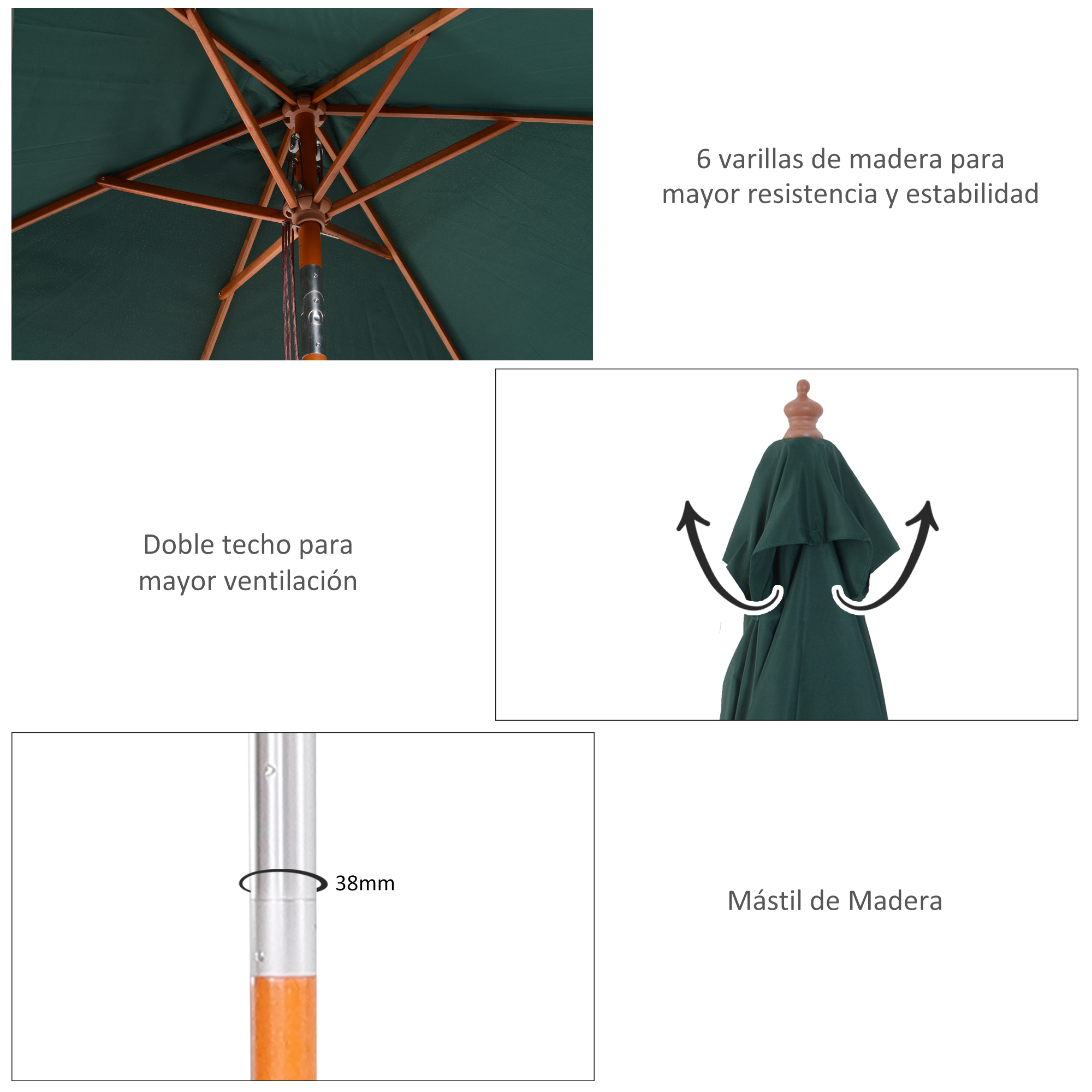 Sombrilla verde con estructura y mástil de madera, texto describe ventilación, estabilidad y tamaño del mástil.