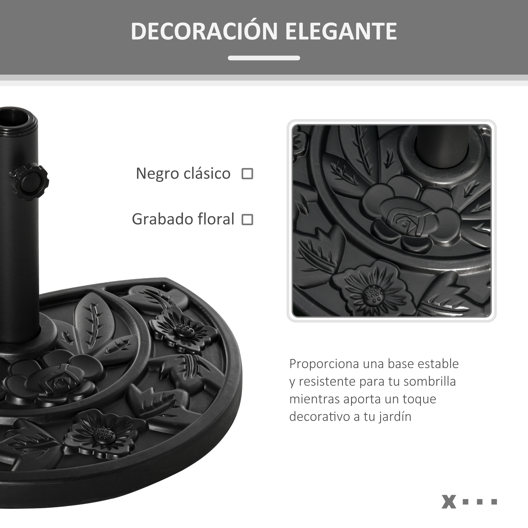 Base de sombrilla de metal negro con diseño floral. Incluye un primer plano del patrón floral y el soporte de la base.