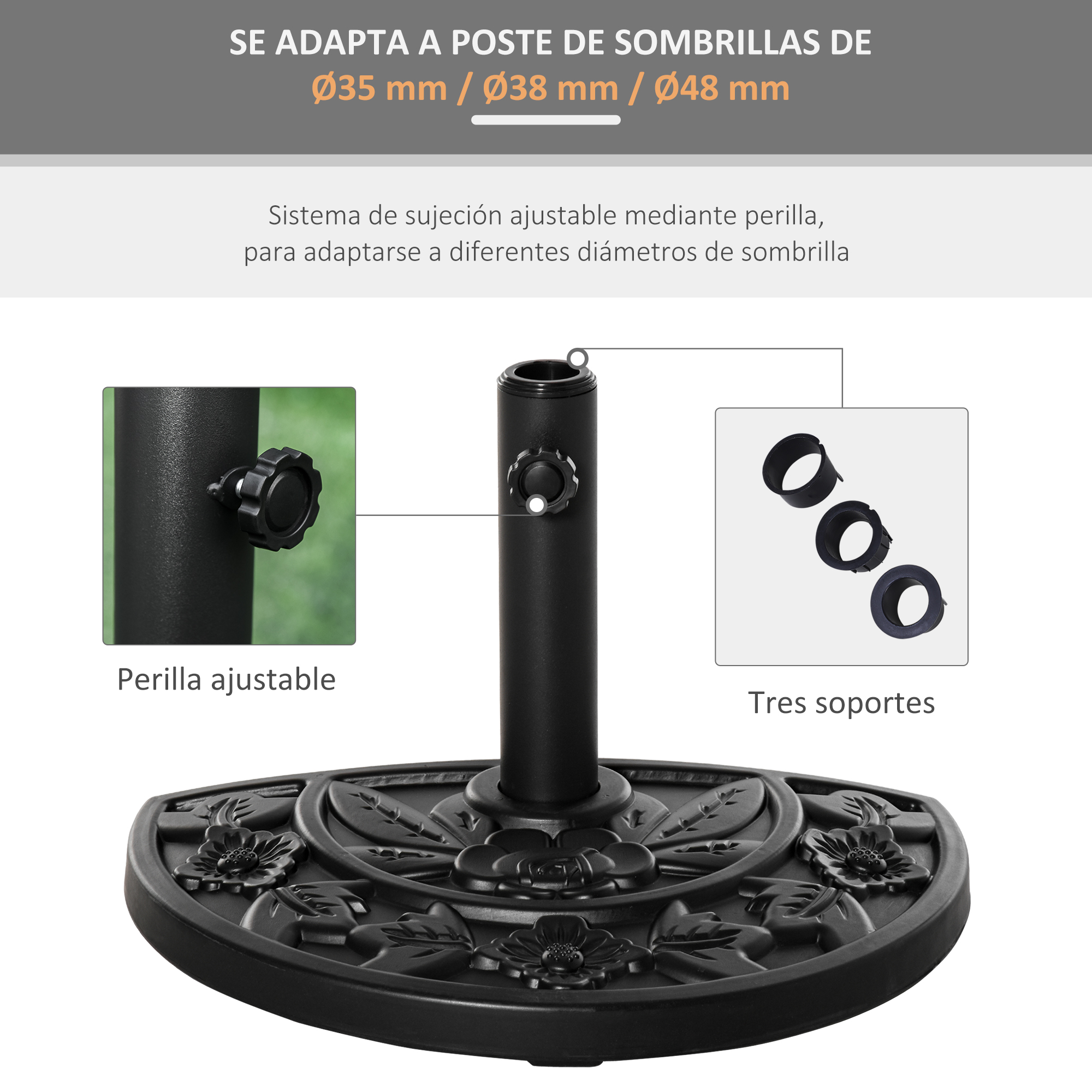 Soporte negro para sombrilla con perilla ajustable y tres anillos de soporte. Adapta a postes de diferentes tamaños.