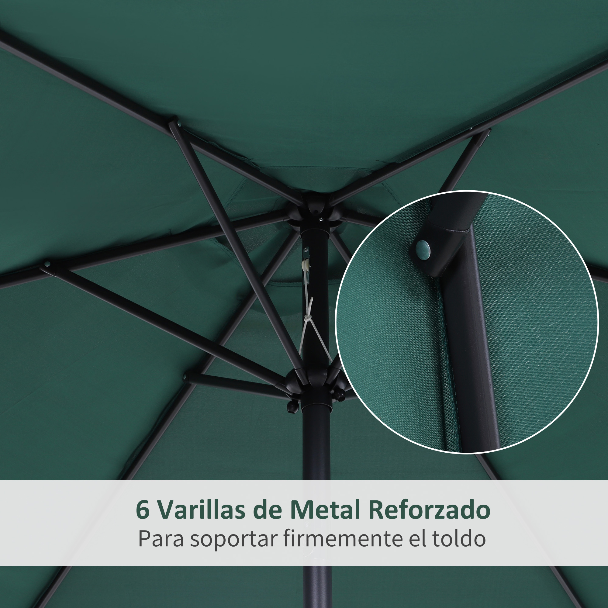 Primer plano del interior de una sombrilla verde. El marco de metal negro soporta la tela verde. Un círculo de detalle muestra la textura de la tela.