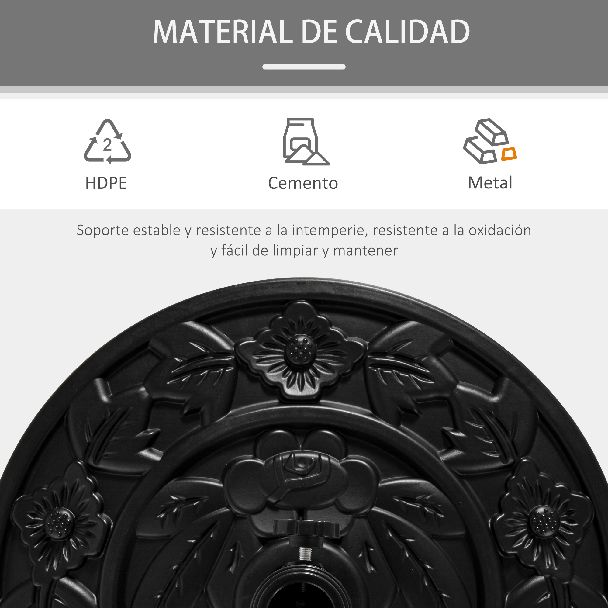 Primer plano de objeto negro con patrones florales y texto sobre materiales: HDPE, cemento y metal.