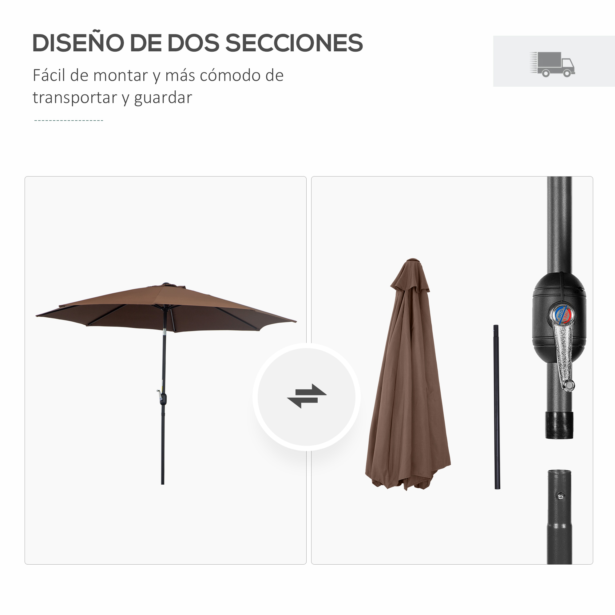 La imagen muestra una sombrilla marrón abierta y cerrada con diferentes partes. El texto en español describe las características del diseño.