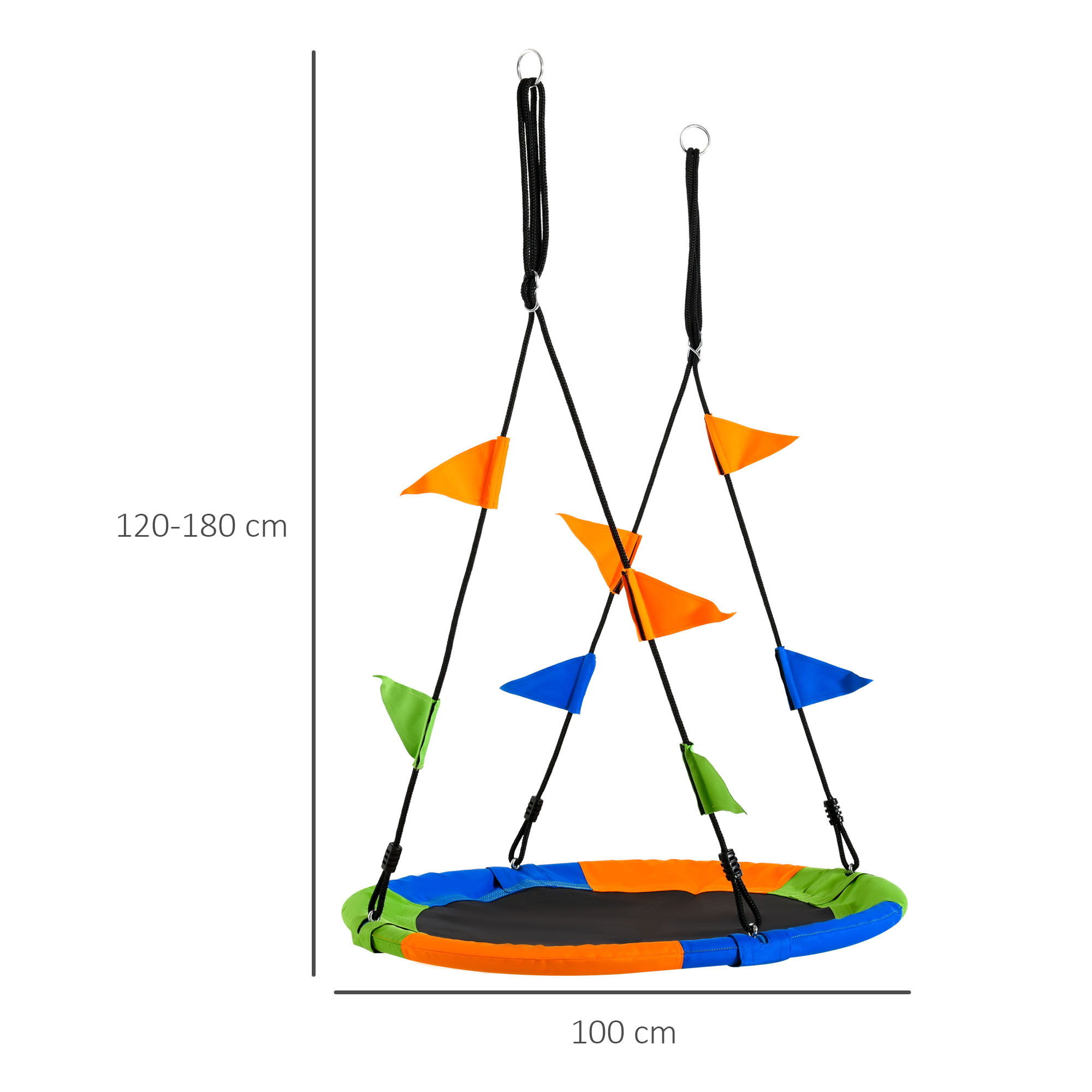 Un columpio redondo con banderas de colores, cuerdas negras y un centro negro. Dimensiones: 120-180 cm y 100 cm.