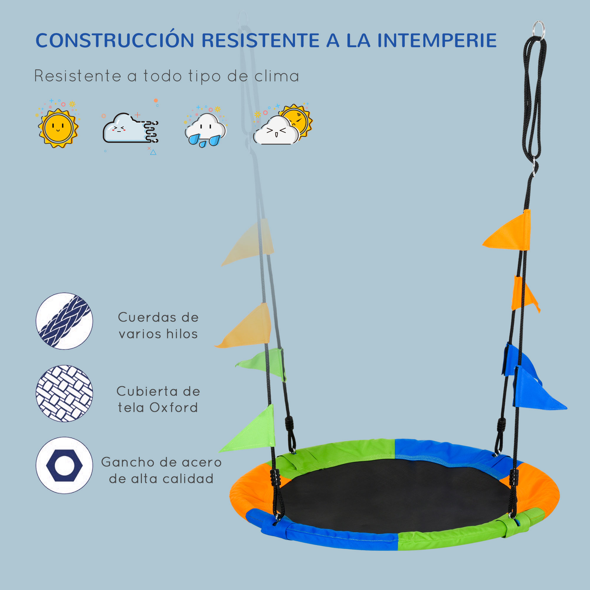 Un columpio colorido con cuerdas negras, banderas naranjas, verdes y azules, y una base de columpio redonda.