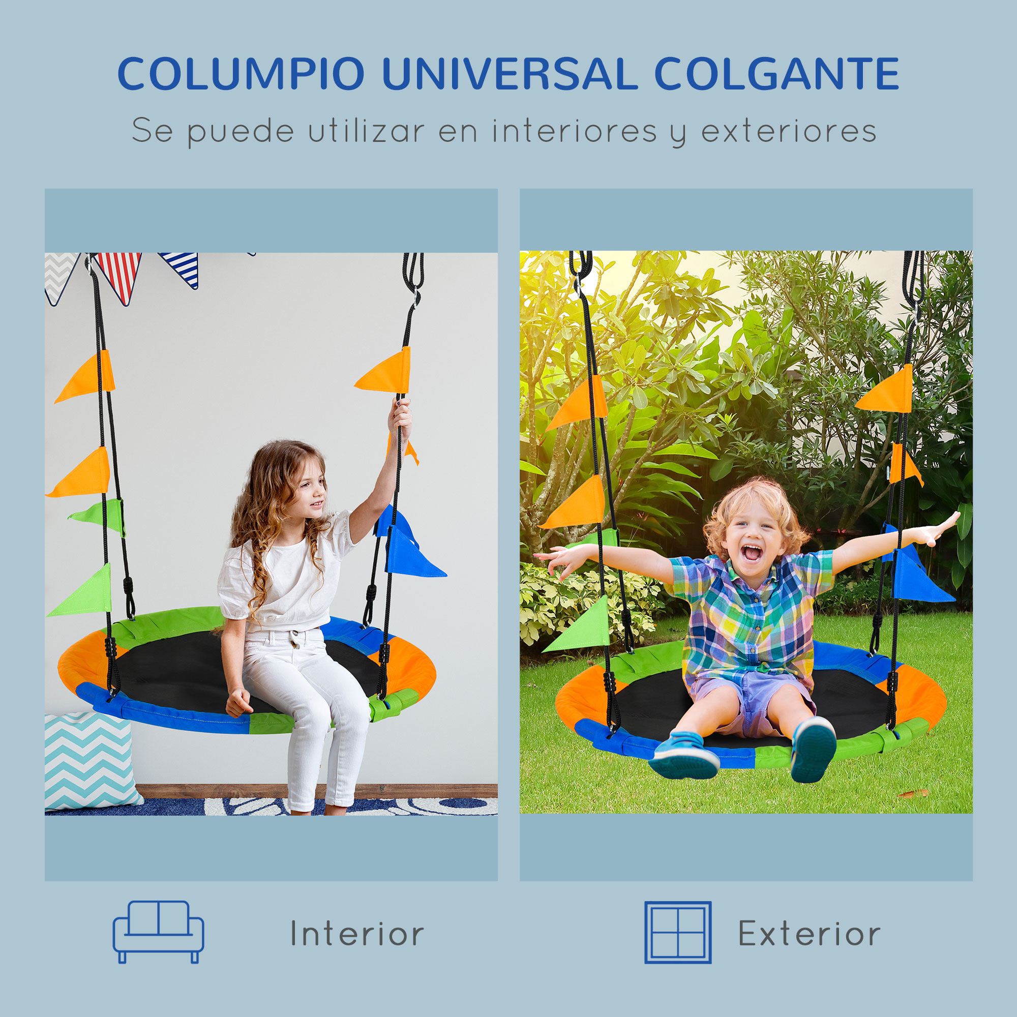 La imagen muestra a dos niños en columpios. Uno en interiores, otro en exteriores. Los columpios tienen banderas coloridas.
