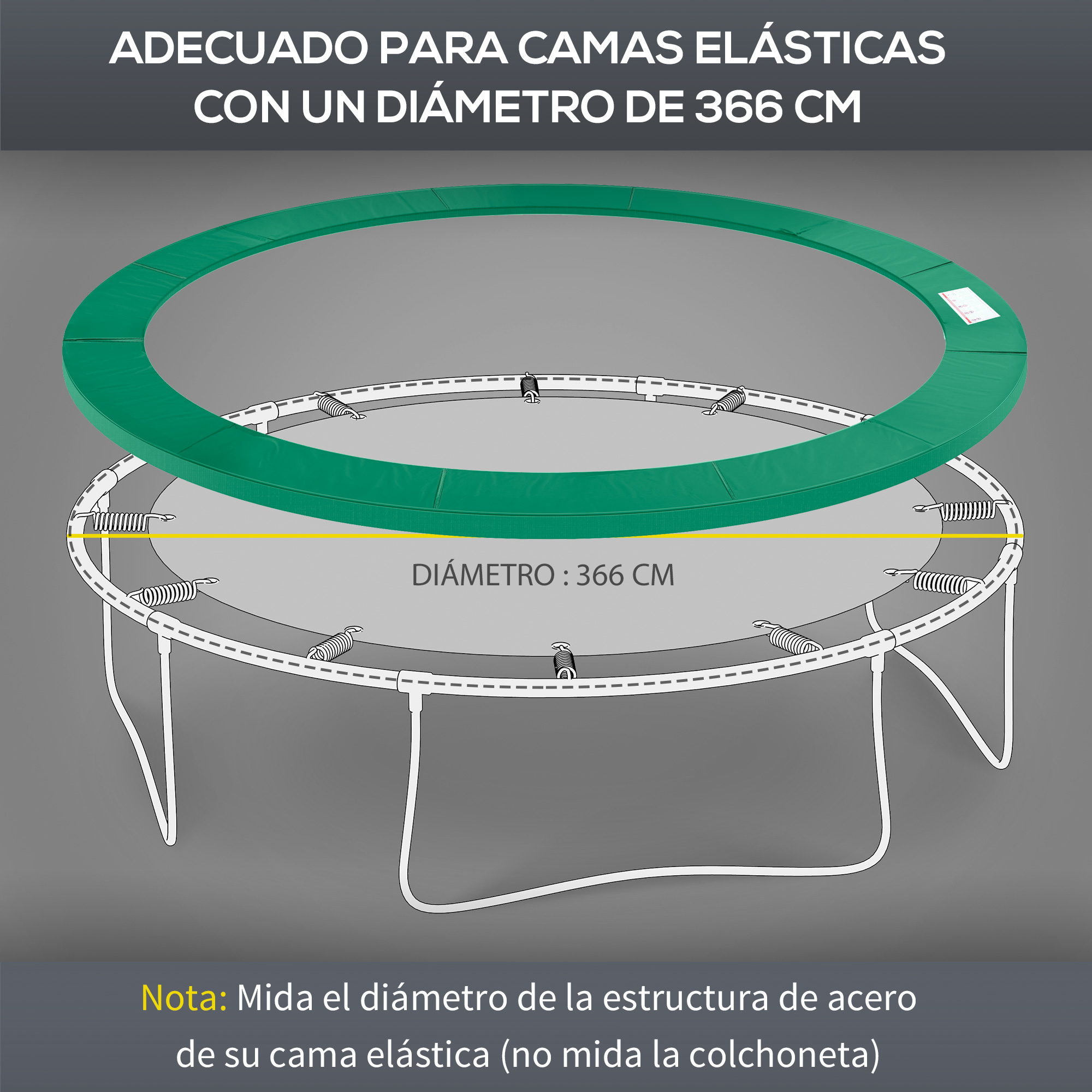 Diagrama de un trampolín con anillo protector verde. El texto indica que es para trampolines de 366 cm.