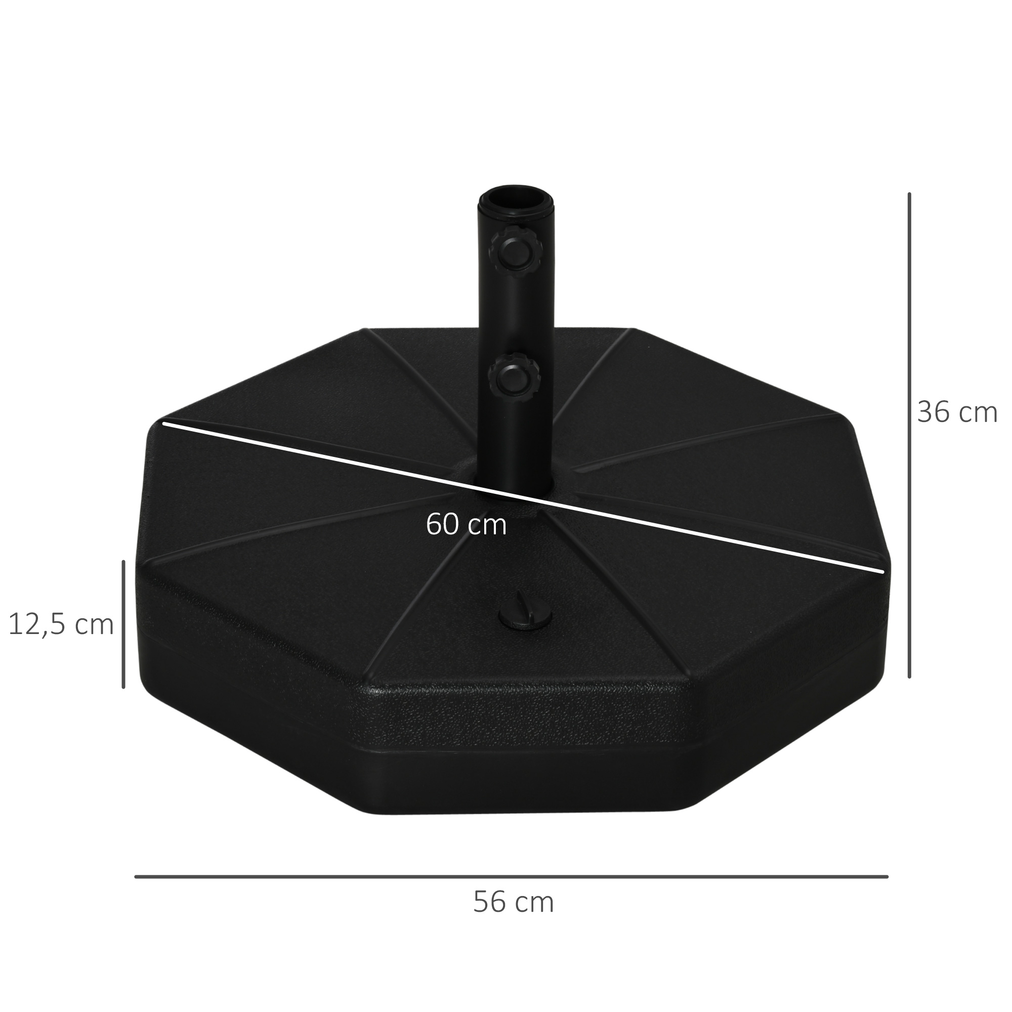 Base de sombrilla octogonal negra con un poste central. Dimensiones etiquetadas: 56cm, 60cm, 36cm, 12.5cm. Aislado en blanco.