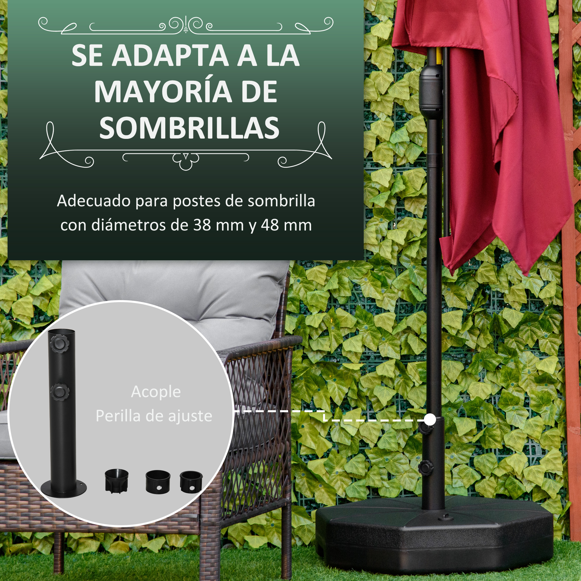 Una imagen muestra un soporte de sombrilla con una sombrilla roja, una pared verde y una silla.