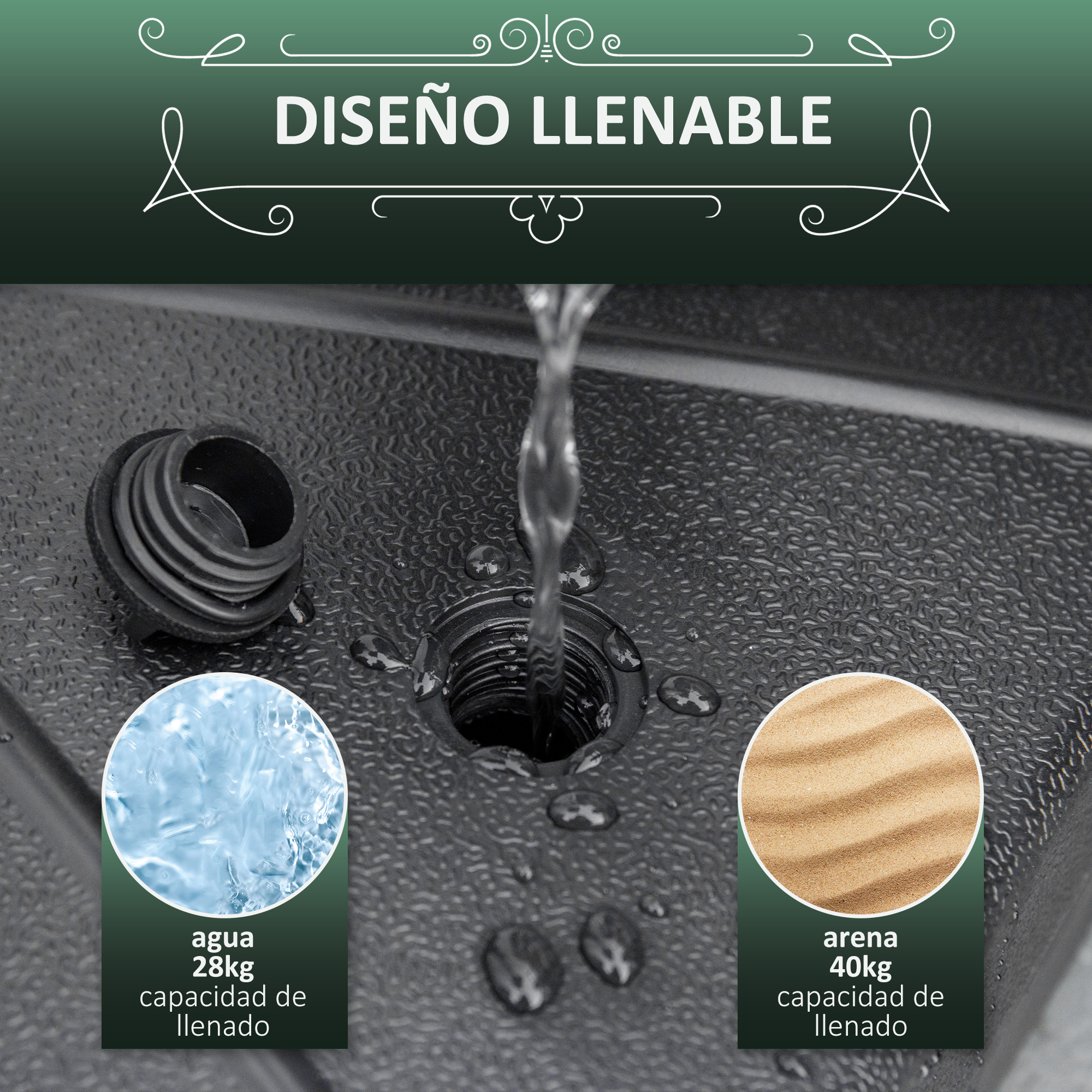 Agua vertiéndose en un recipiente negro. El texto indica la capacidad de llenado de agua o arena.