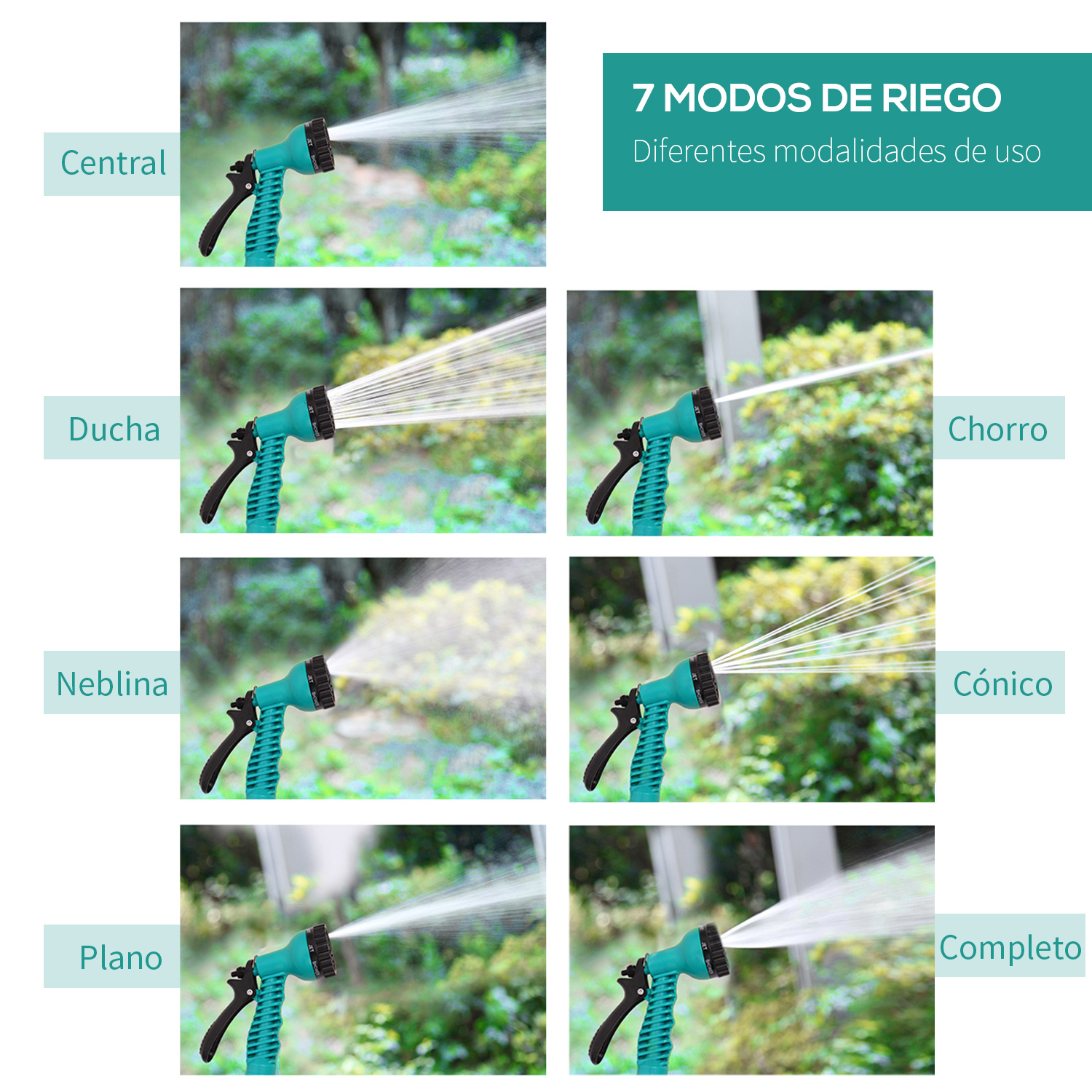 Una manguera de agua turquesa con diferentes modos de pulverización se muestra sobre un fondo verde. El texto muestra '7 modos de riego' y nombres de pulverización.