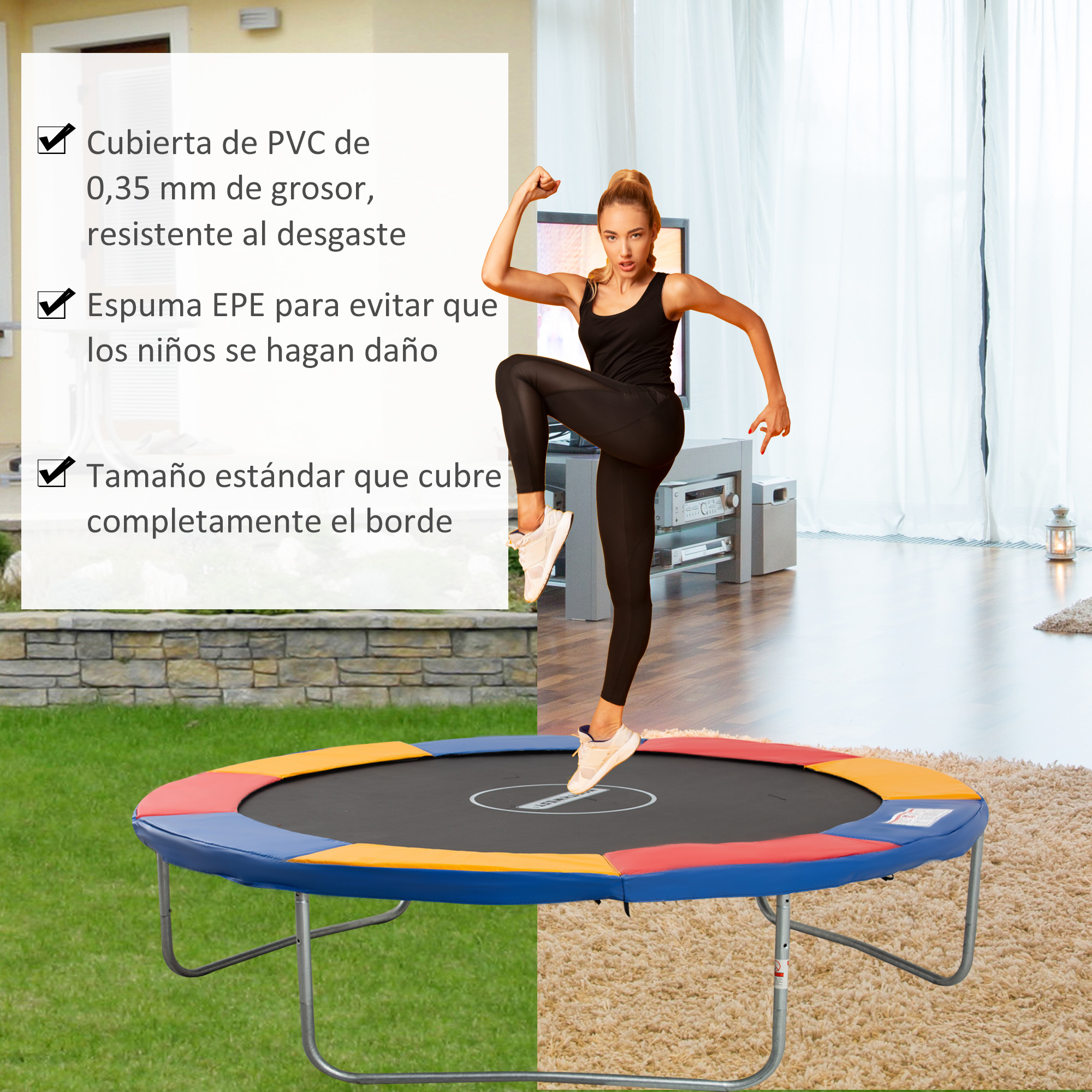 Una mujer salta en una cama elástica. La cama elástica tiene un borde de color. El fondo muestra una sala de estar y un césped.