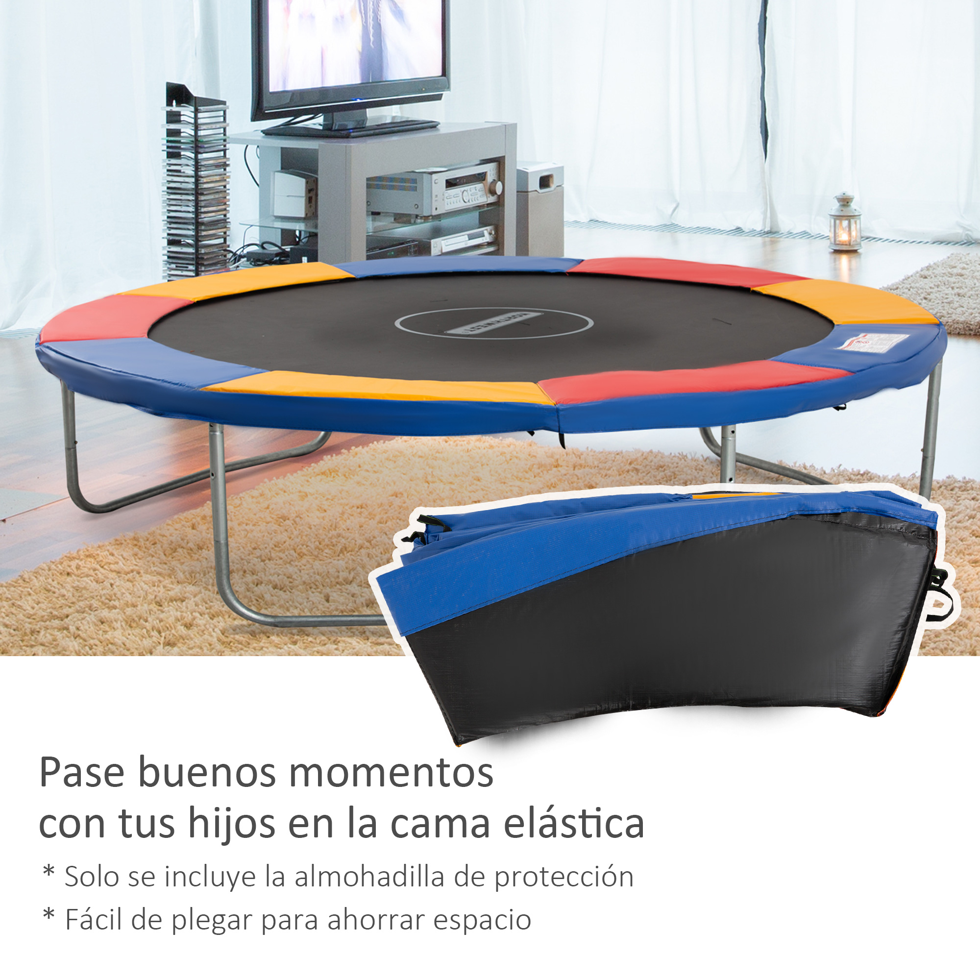 Un trampolín redondo con acolchado azul, rojo y amarillo, sobre una alfombra beige. Una cubierta plegada debajo del trampolín.