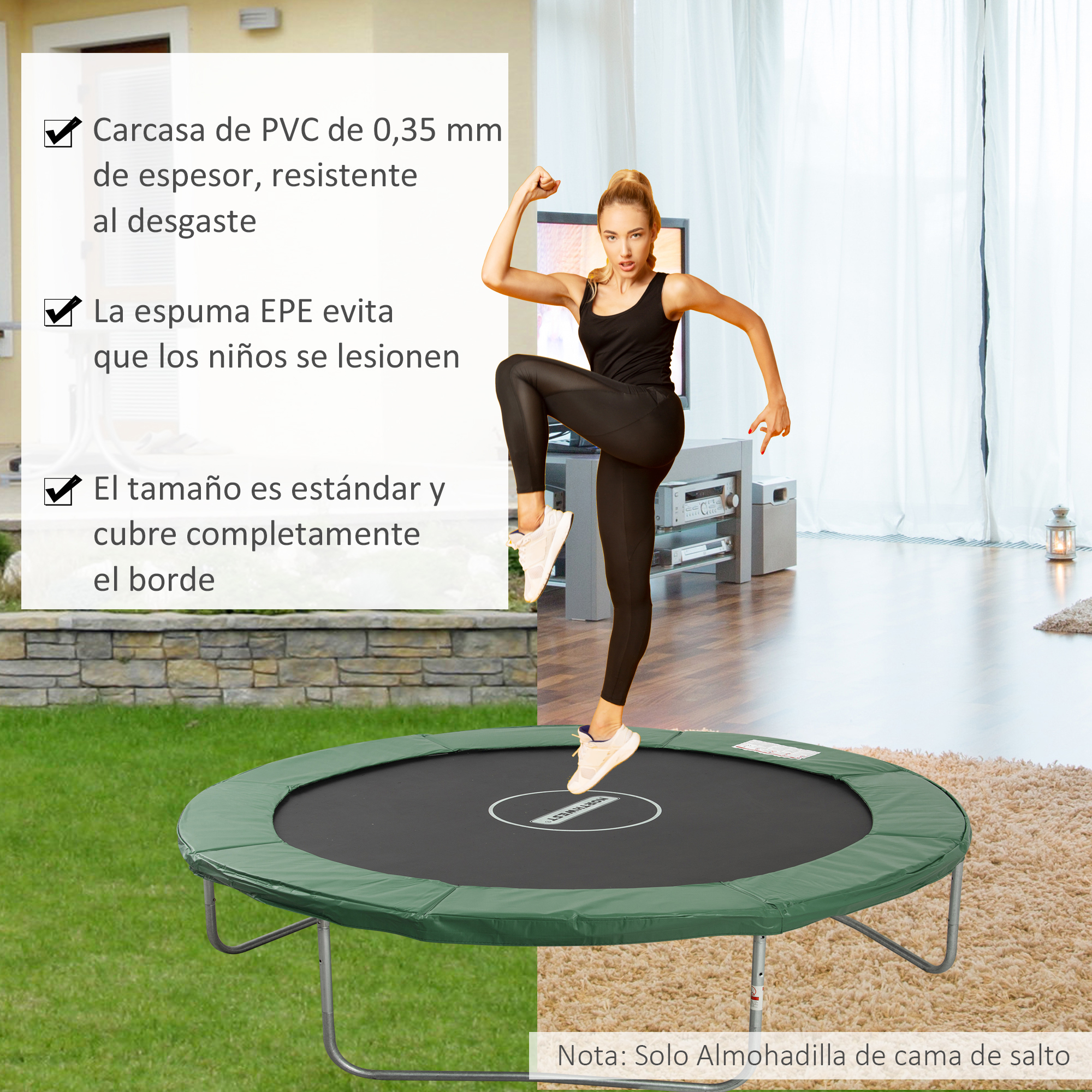 Una mujer salta sobre un trampolín verde. El fondo muestra una sala de estar y un césped.