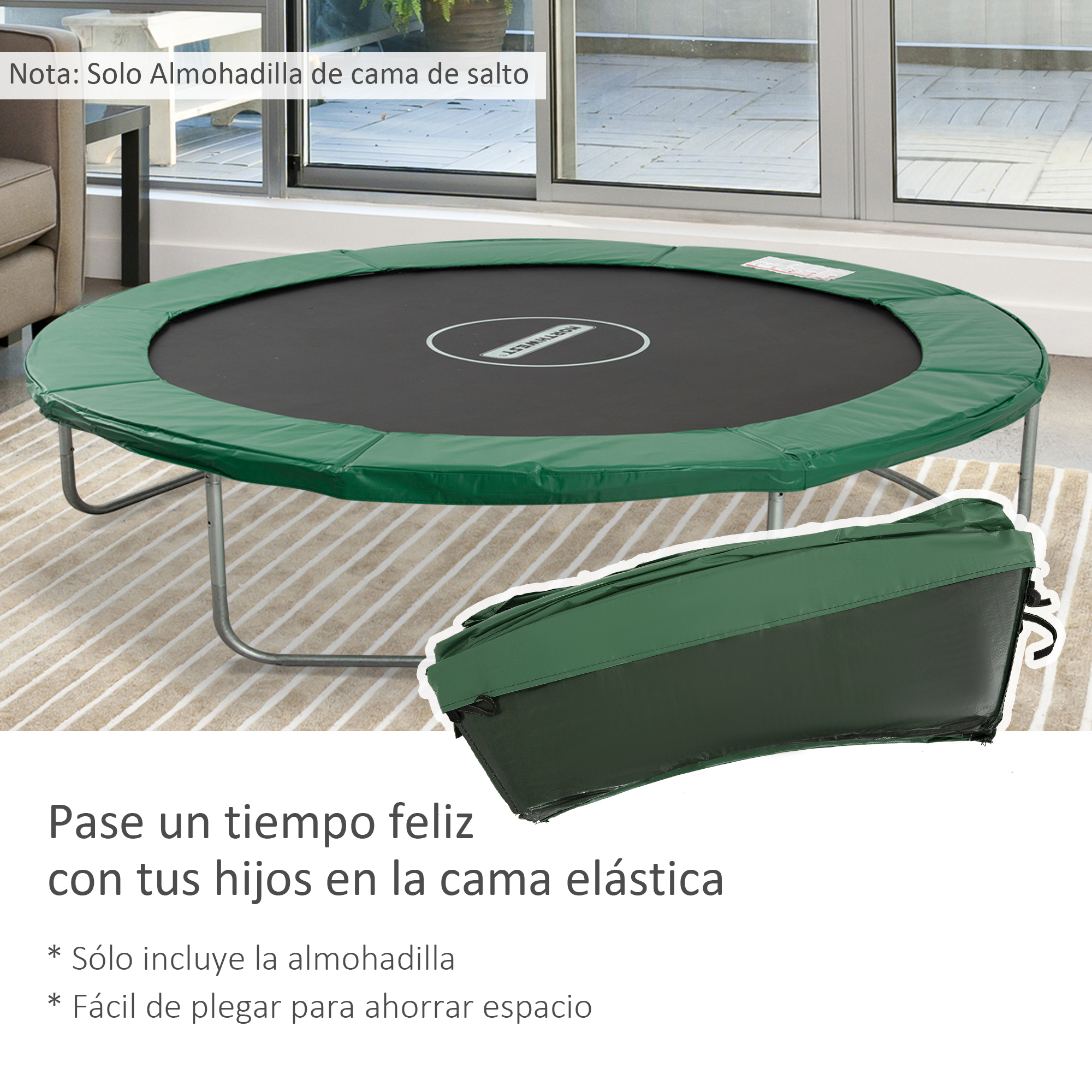 Un trampolín con borde verde y centro negro sobre una alfombra a rayas. A la derecha, una cubierta verde plegada.