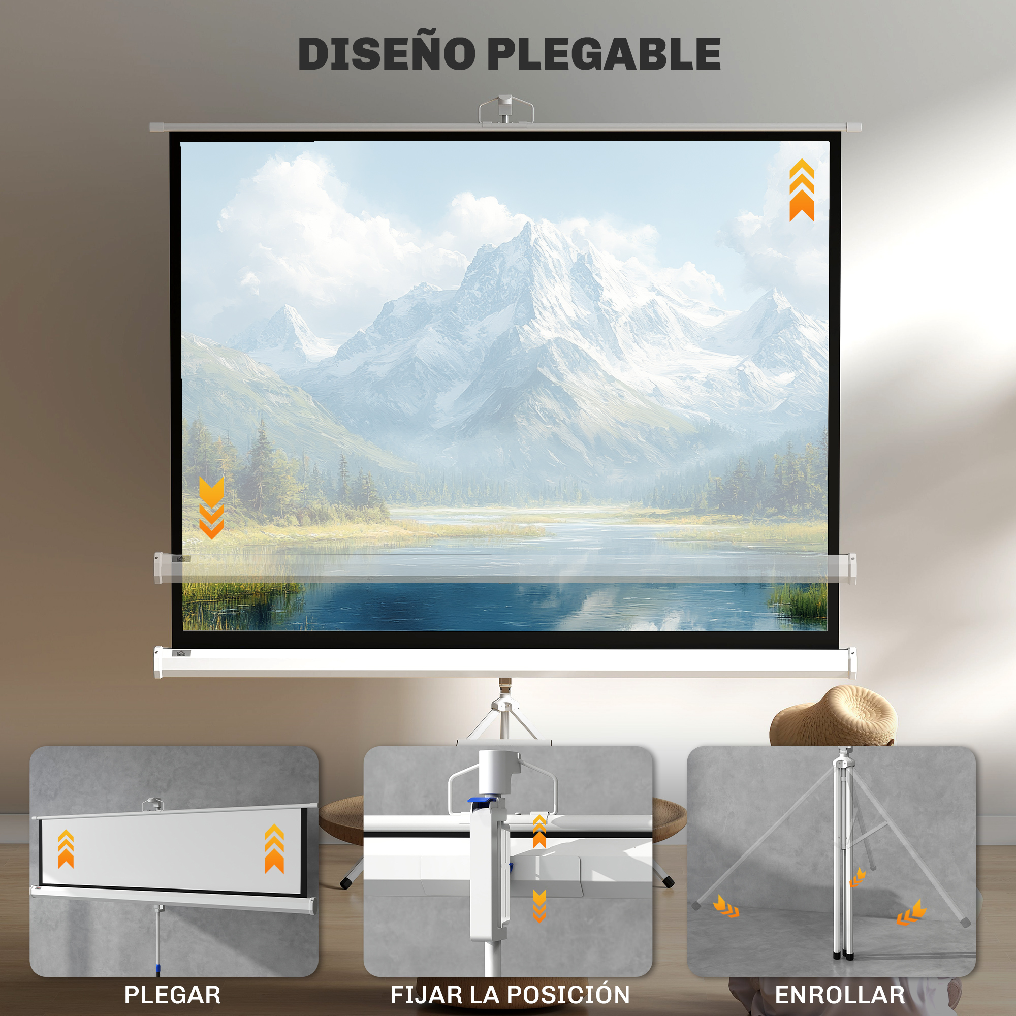 Una pantalla de proyector retráctil con una pintura de paisaje y tres diagramas que muestran el plegado, el posicionamiento y el enrollado.