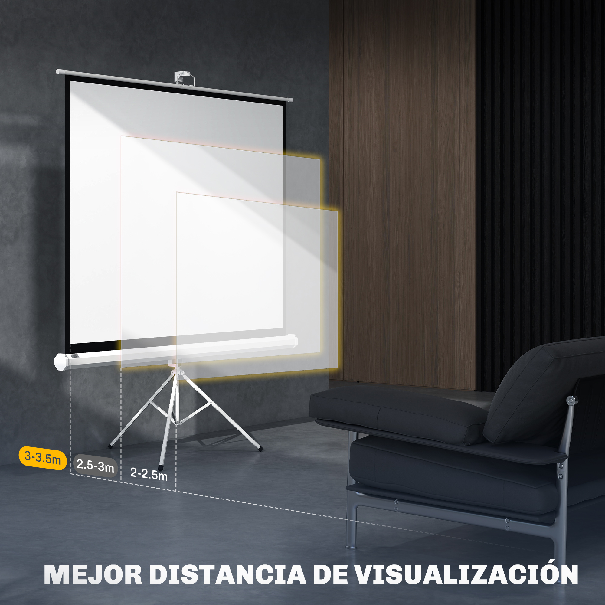 Una pantalla de proyector sobre un trípode. La imagen muestra distancias de visualización sugeridas y un sofá.