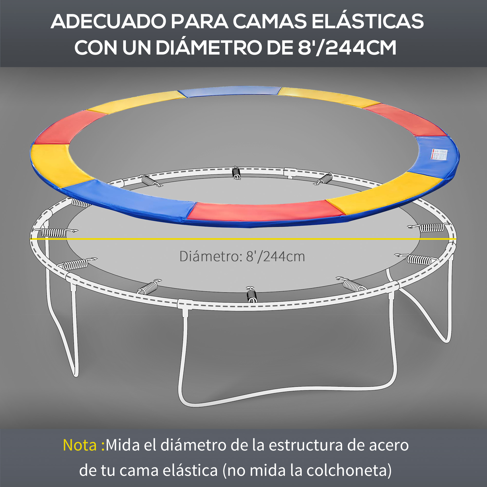 Diagrama de un trampolín con un anillo protector colorido. El texto indica que es adecuado para trampolines de 8'/244cm de diámetro.