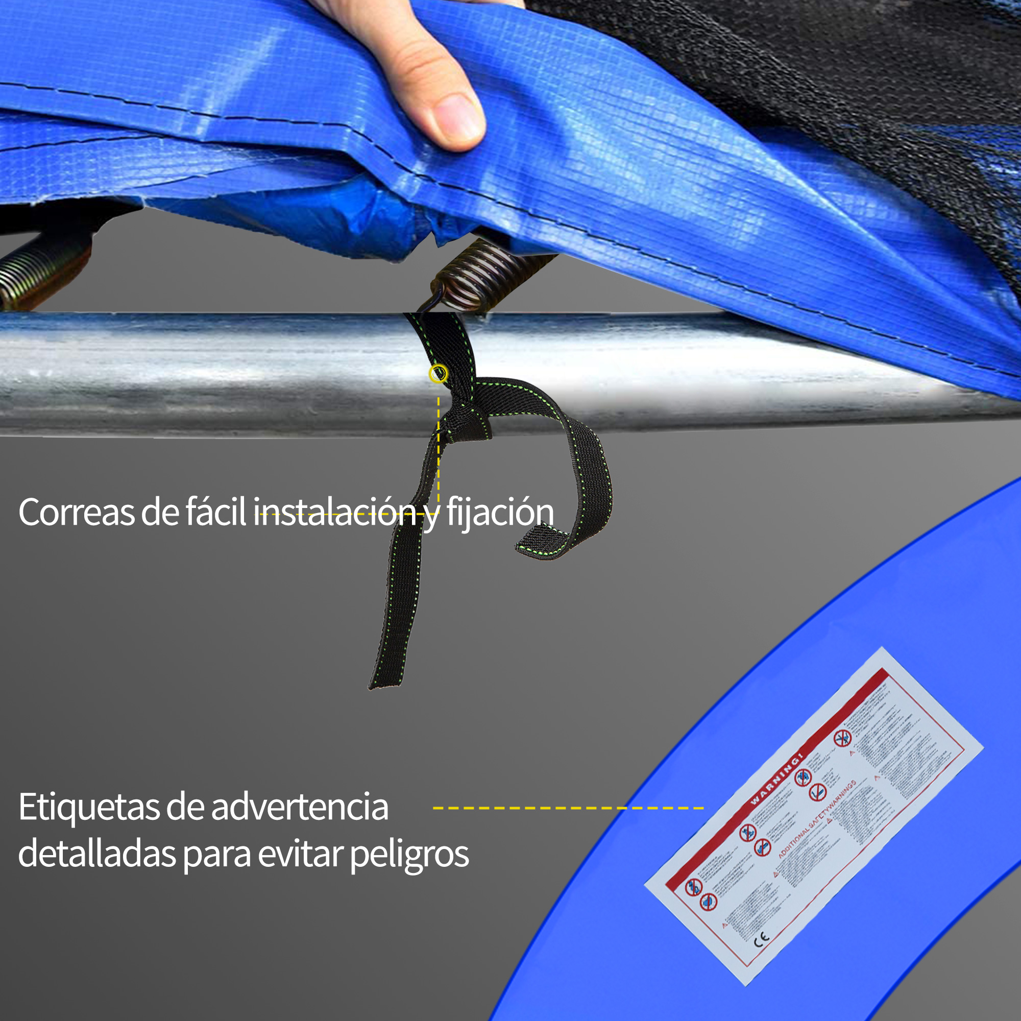 Primer plano muestra tela azul de trampolín, una correa negra y una etiqueta de advertencia. Mano sosteniendo tela azul.